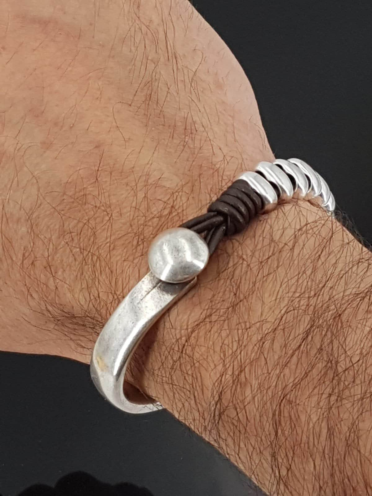 leather bracelet for men, silver half cuff bracelet, silver beads bracelet, surf bracelet, rock bracelet,