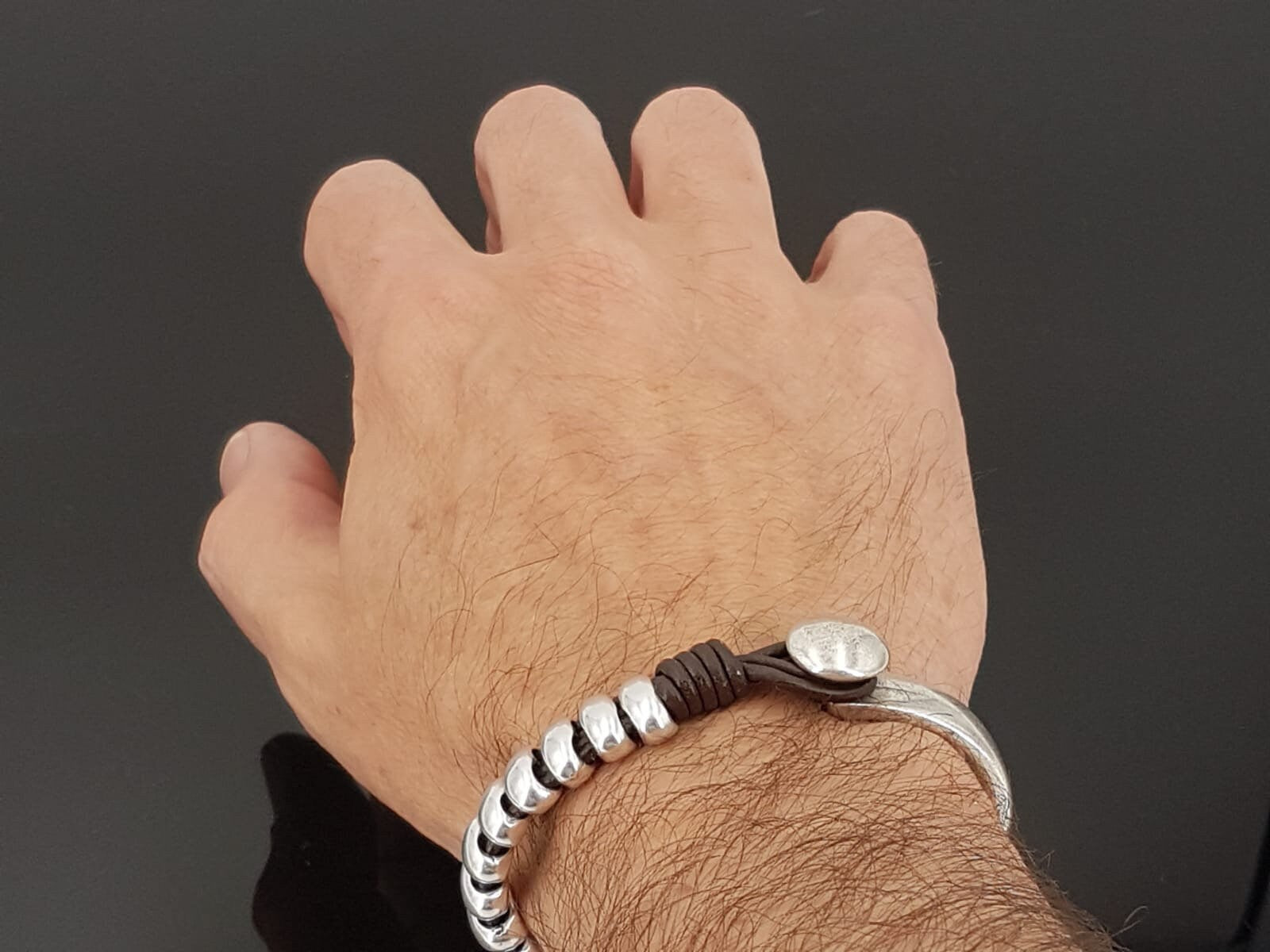 leather bracelet for men, silver half cuff bracelet, silver beads bracelet, surf bracelet, rock bracelet,