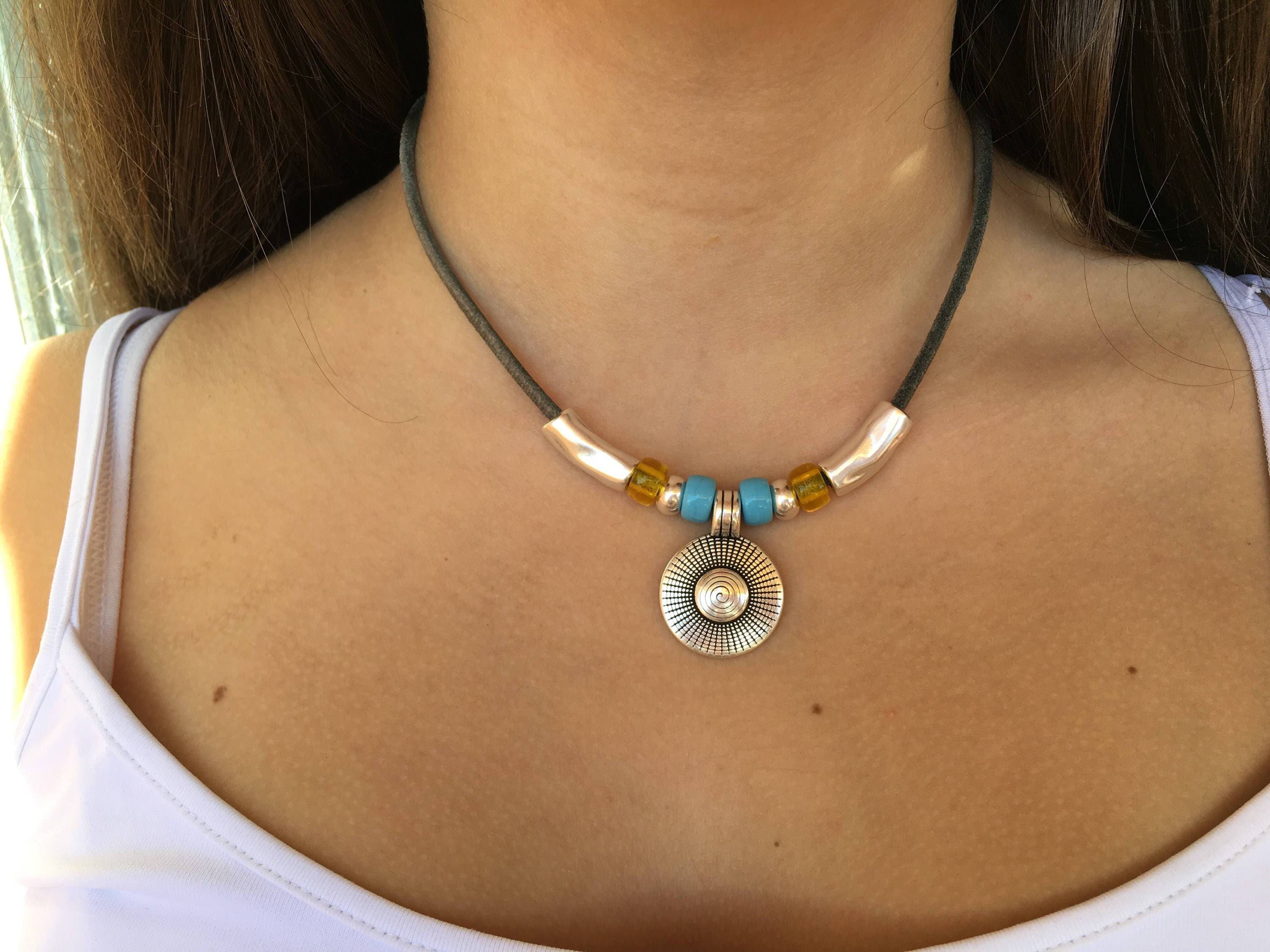 Boho leather necklace, tribal leather necklace, hippie choker, leather jewelry, bohemian jewelry, everyday jewelry, ethnic necklace, gift