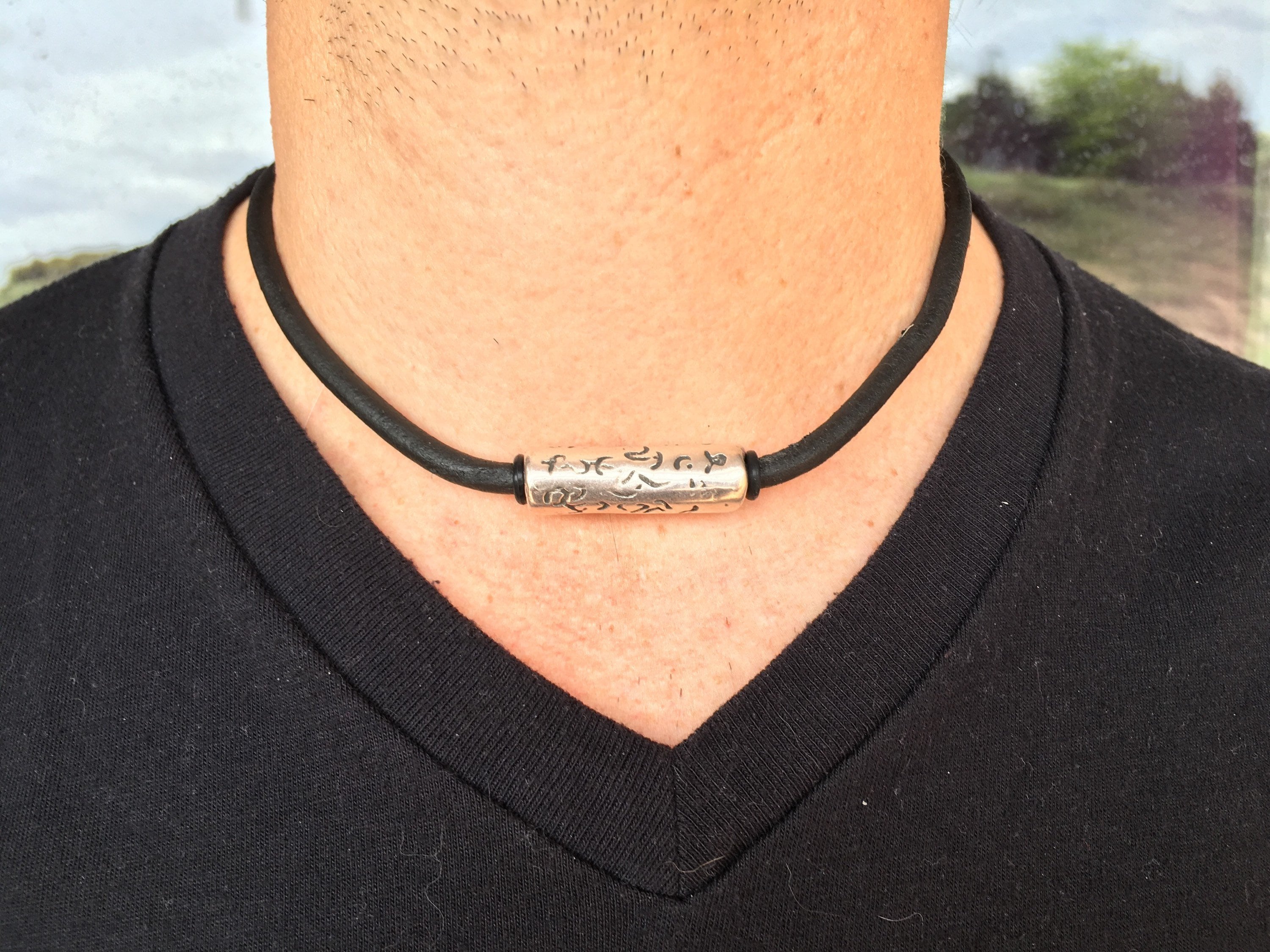 Ethnic leather necklace for men, tribal necklace, hippie leather necklace, silver tube leather necklace, bohemian silver necklace, gift