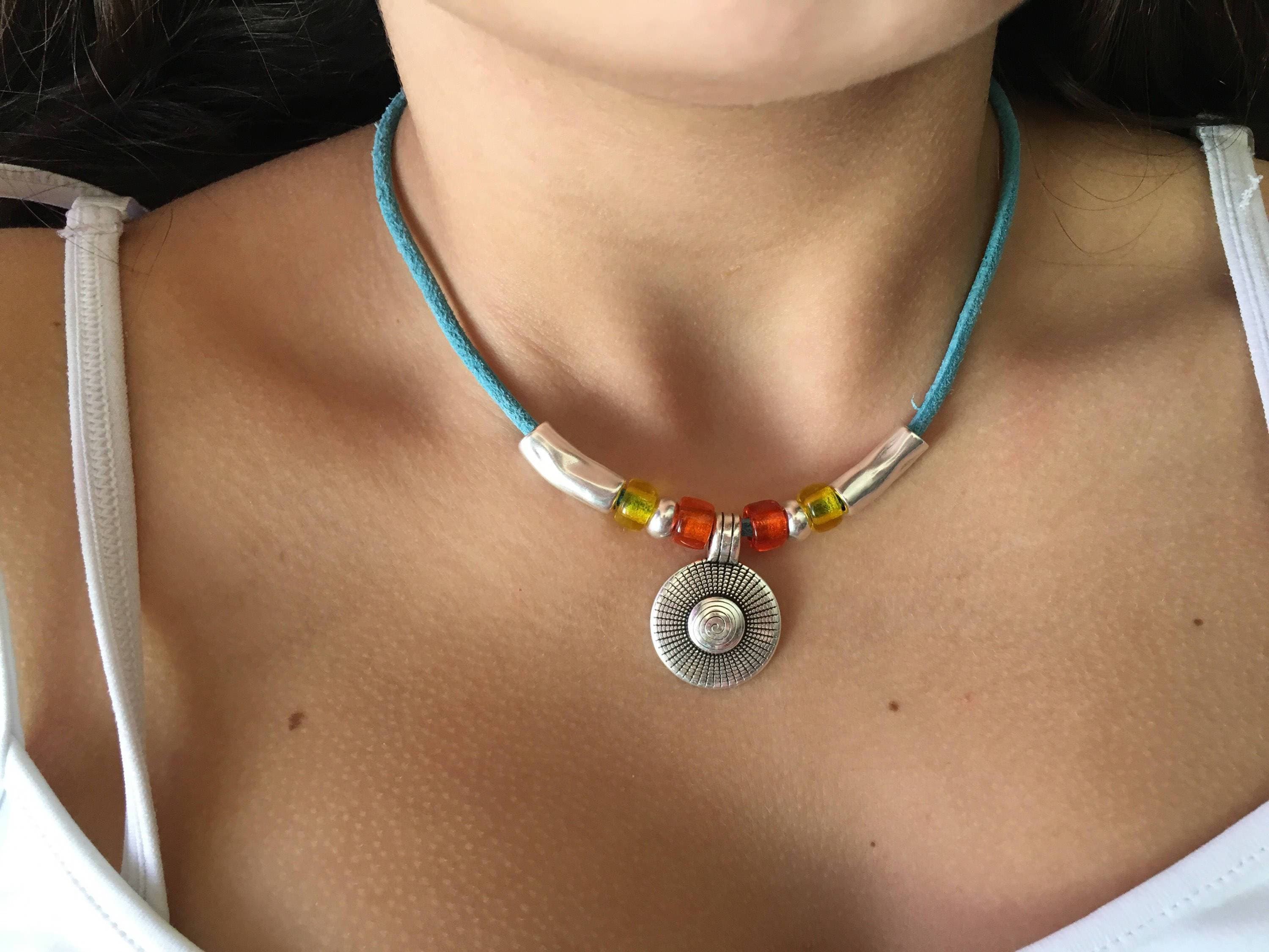 Bohemian leather pendant necklace, pendant blue necklace, silver necklace, hippie necklace, tribal woman necklace, ethnic woman necklace,