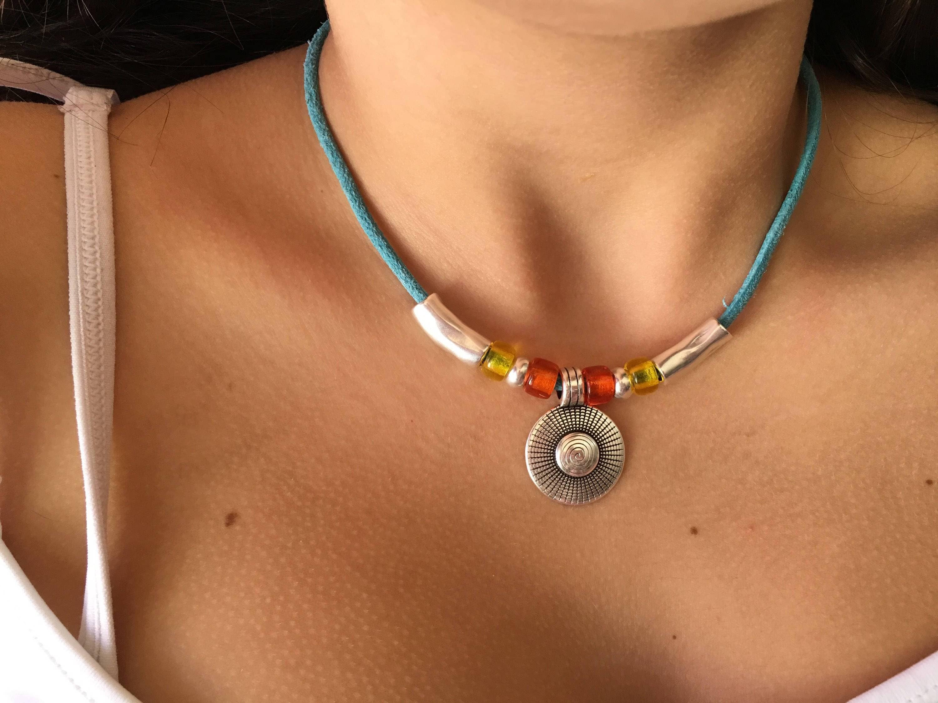 Collar colgante de cuero bohemio, collar colgante azul, collar de plata, collar hippie, collar mujer tribal, collar mujer etnica,