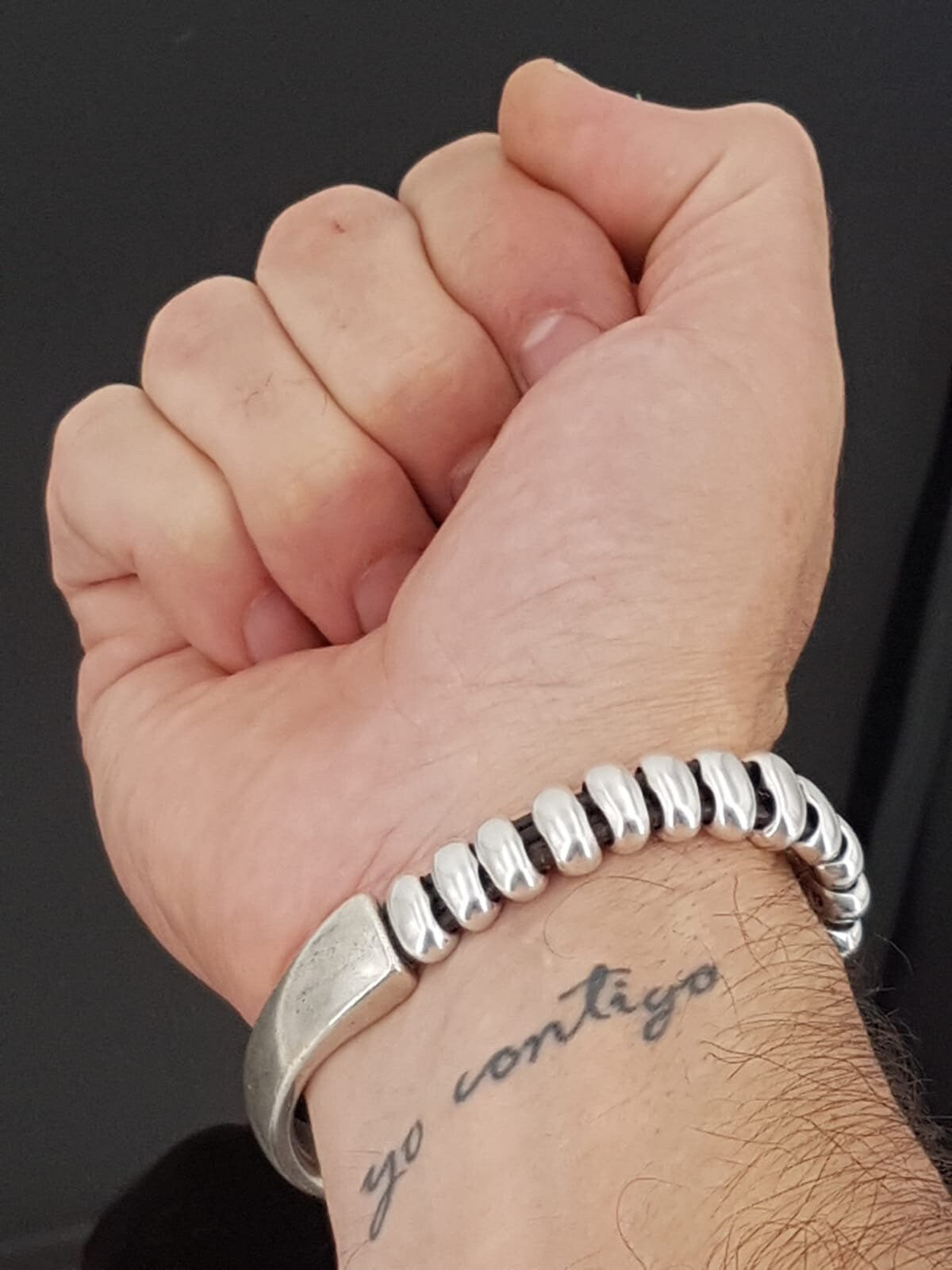 pulsera de cuero para hombre, pulsera de medio puño de plata, pulsera de cuentas de plata, pulsera de surf, pulsera de roca,