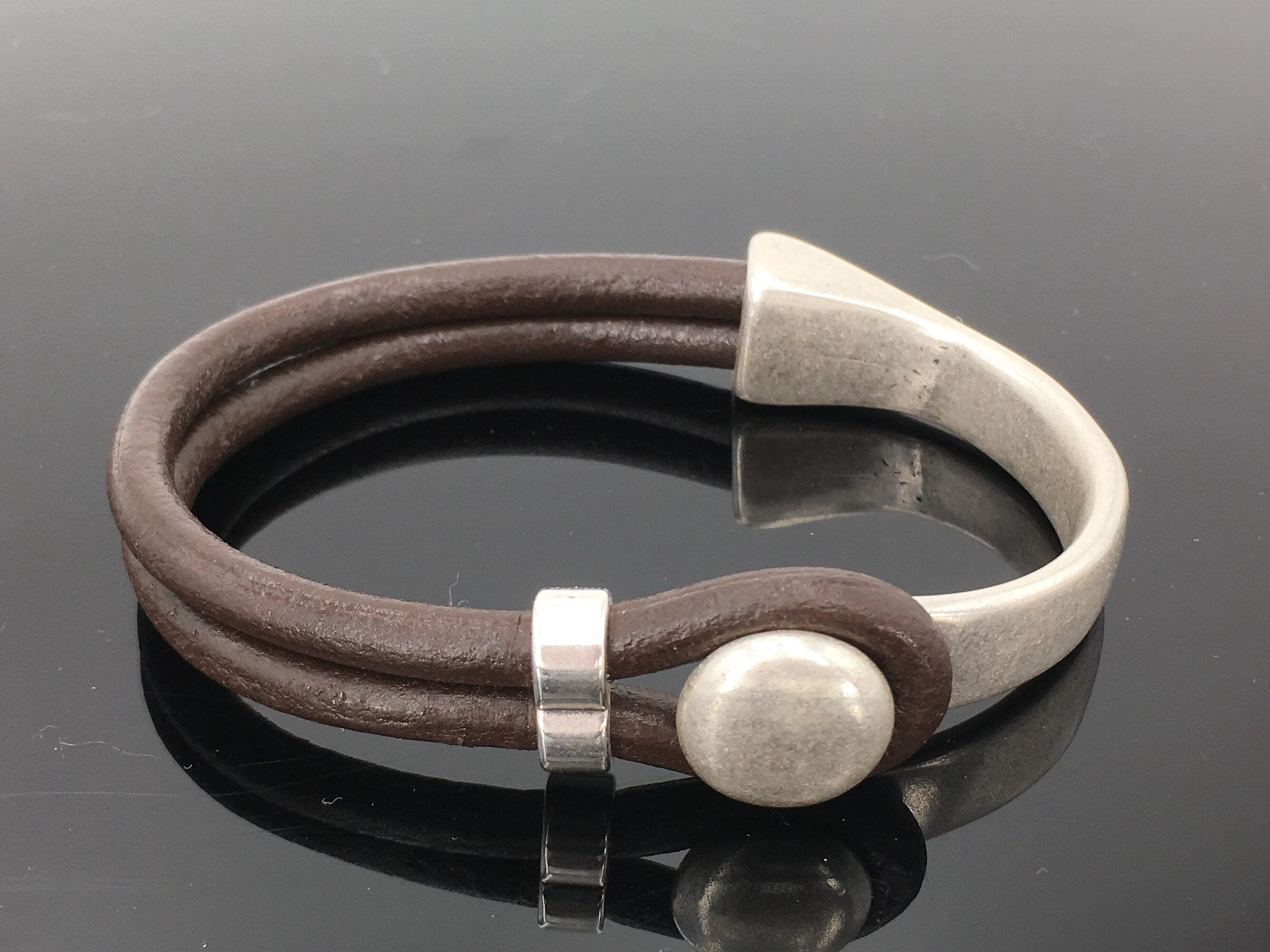 leather bracelet for men, silver half cuff bracelet, silver beads bracelet, surf bracelet, rock bracelet,