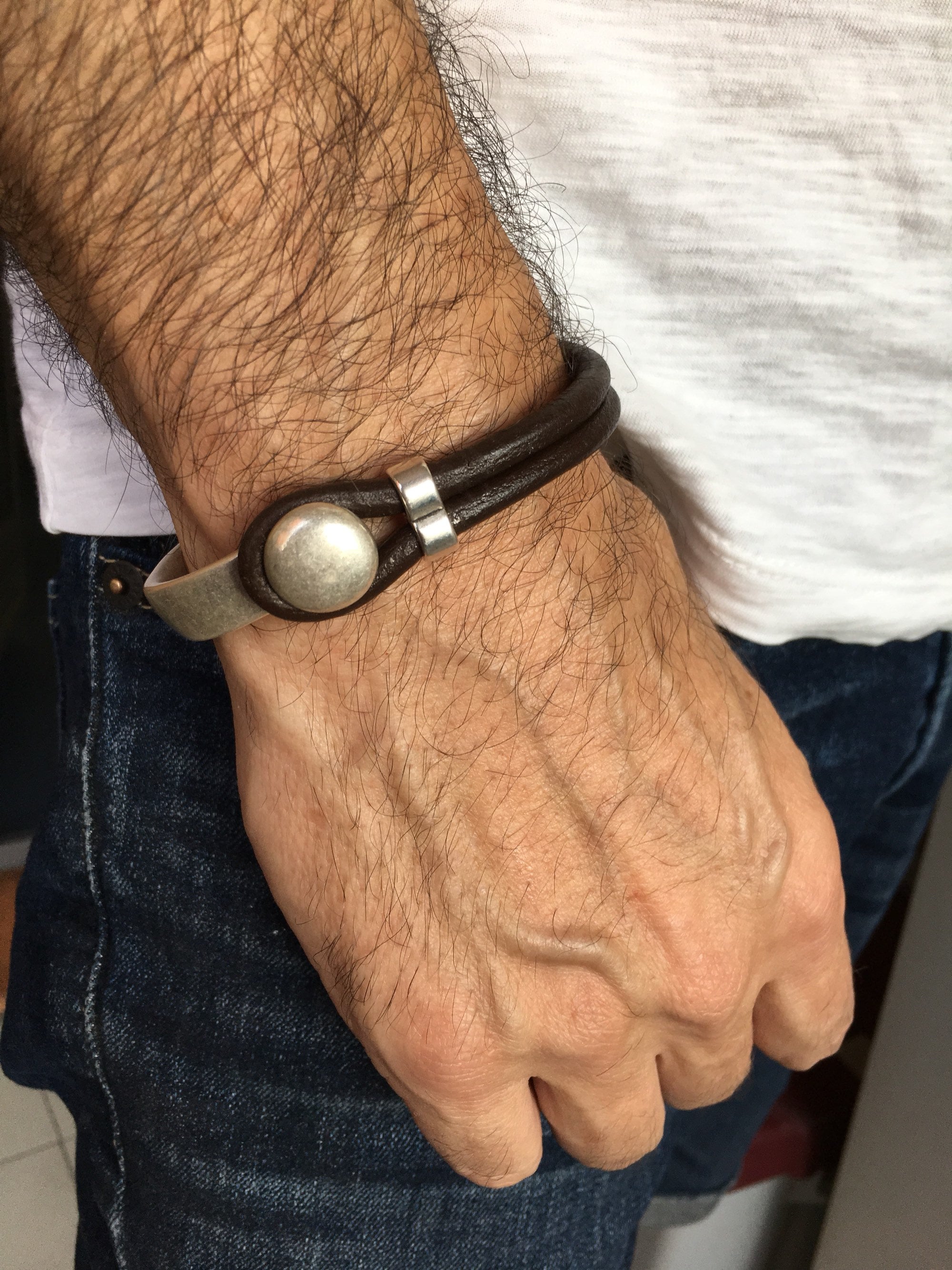 leather bracelet for men, silver half cuff bracelet, silver beads bracelet, surf bracelet, rock bracelet,