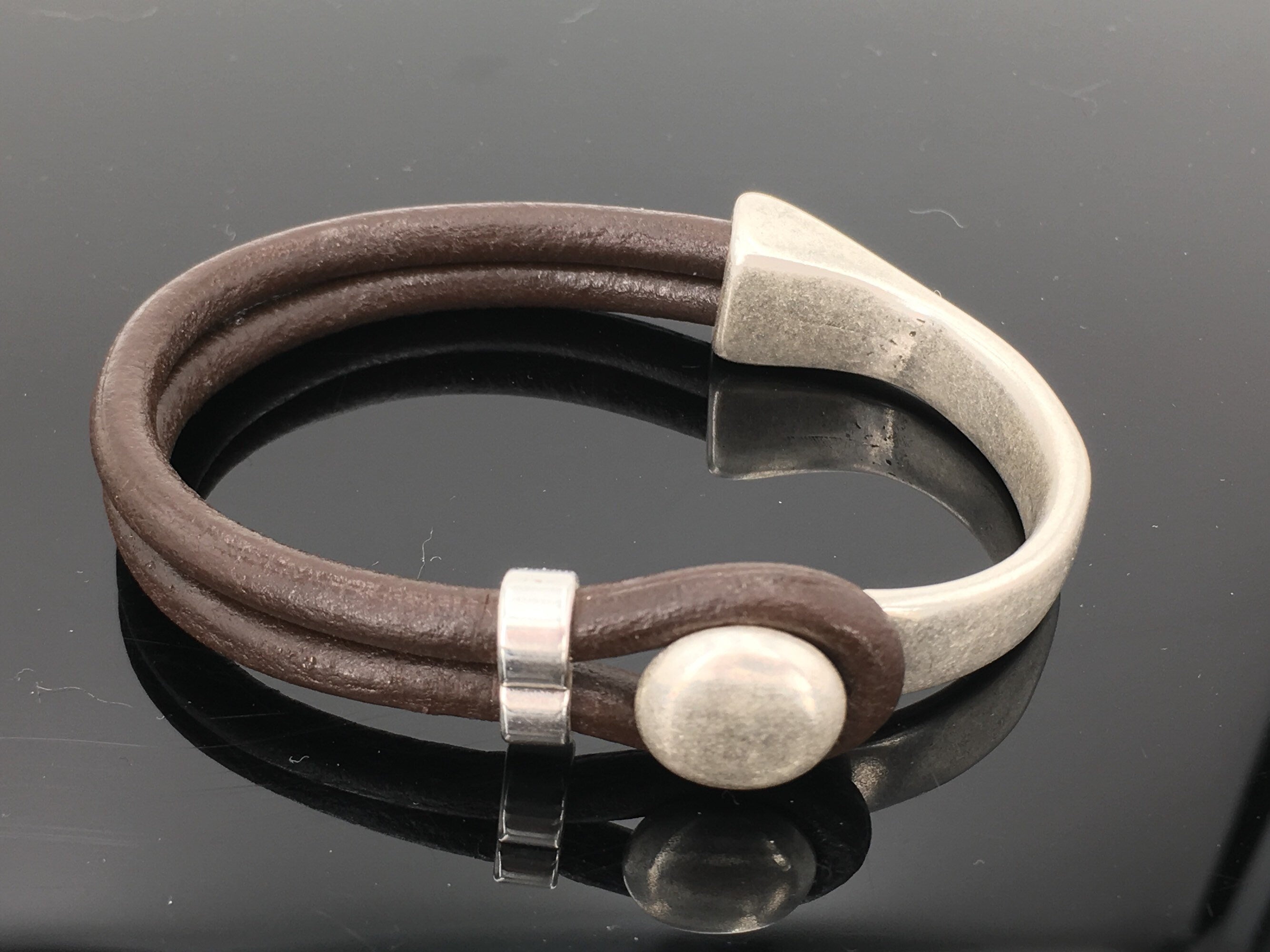 leather bracelet for men, silver half cuff bracelet, silver beads bracelet, surf bracelet, rock bracelet,