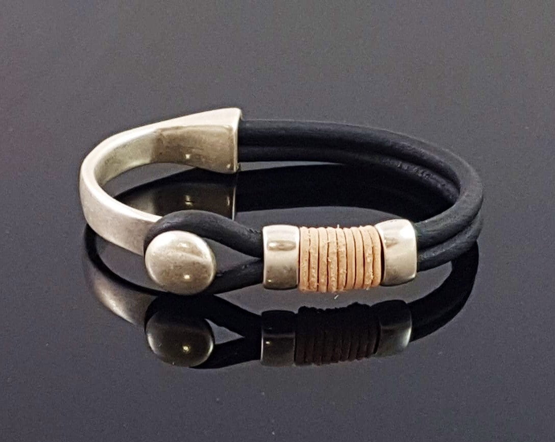 leather bracelet for men, silver half cuff bracelet, silver beads bracelet, surf bracelet, rock bracelet,