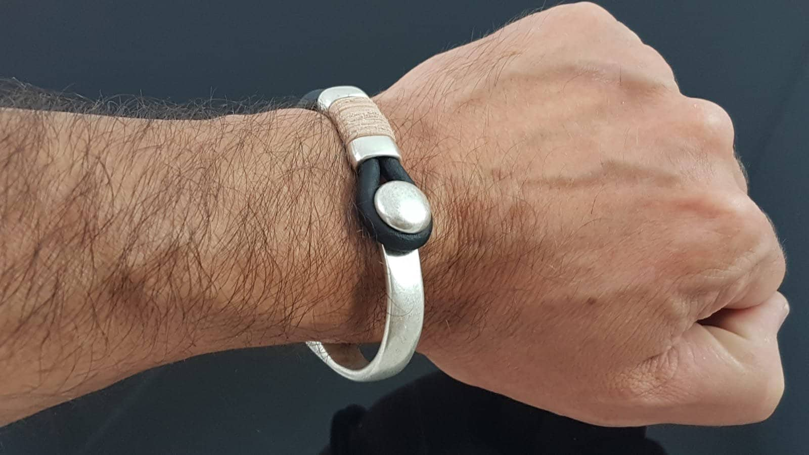 leather bracelet for men, silver half cuff bracelet, silver beads bracelet, surf bracelet, rock bracelet,