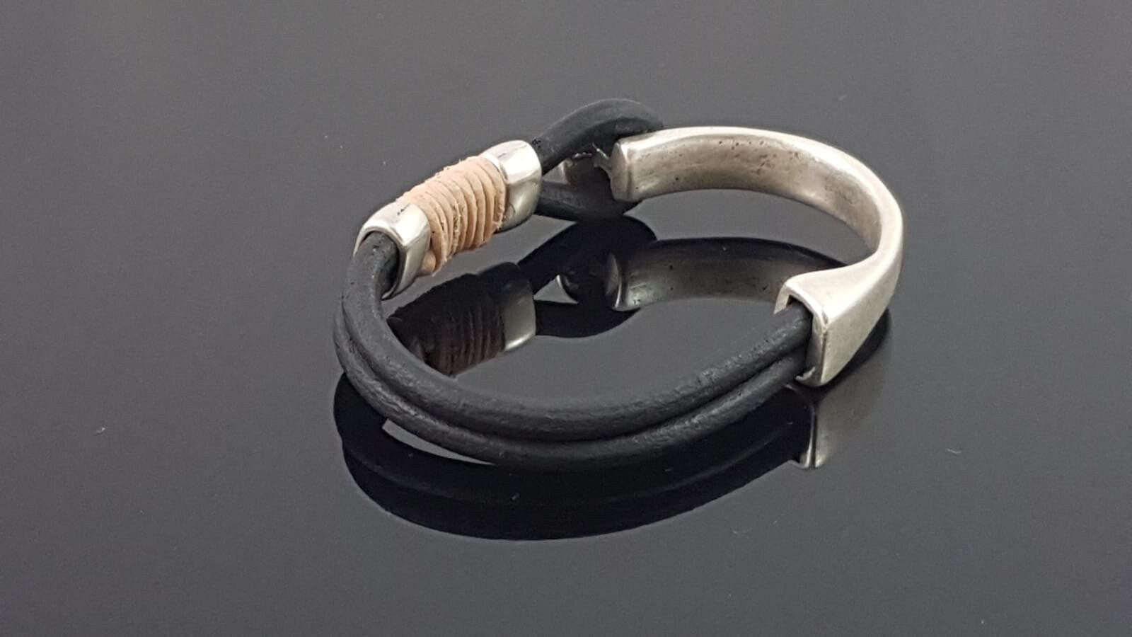 leather bracelet for men, silver half cuff bracelet, silver beads bracelet, surf bracelet, rock bracelet,