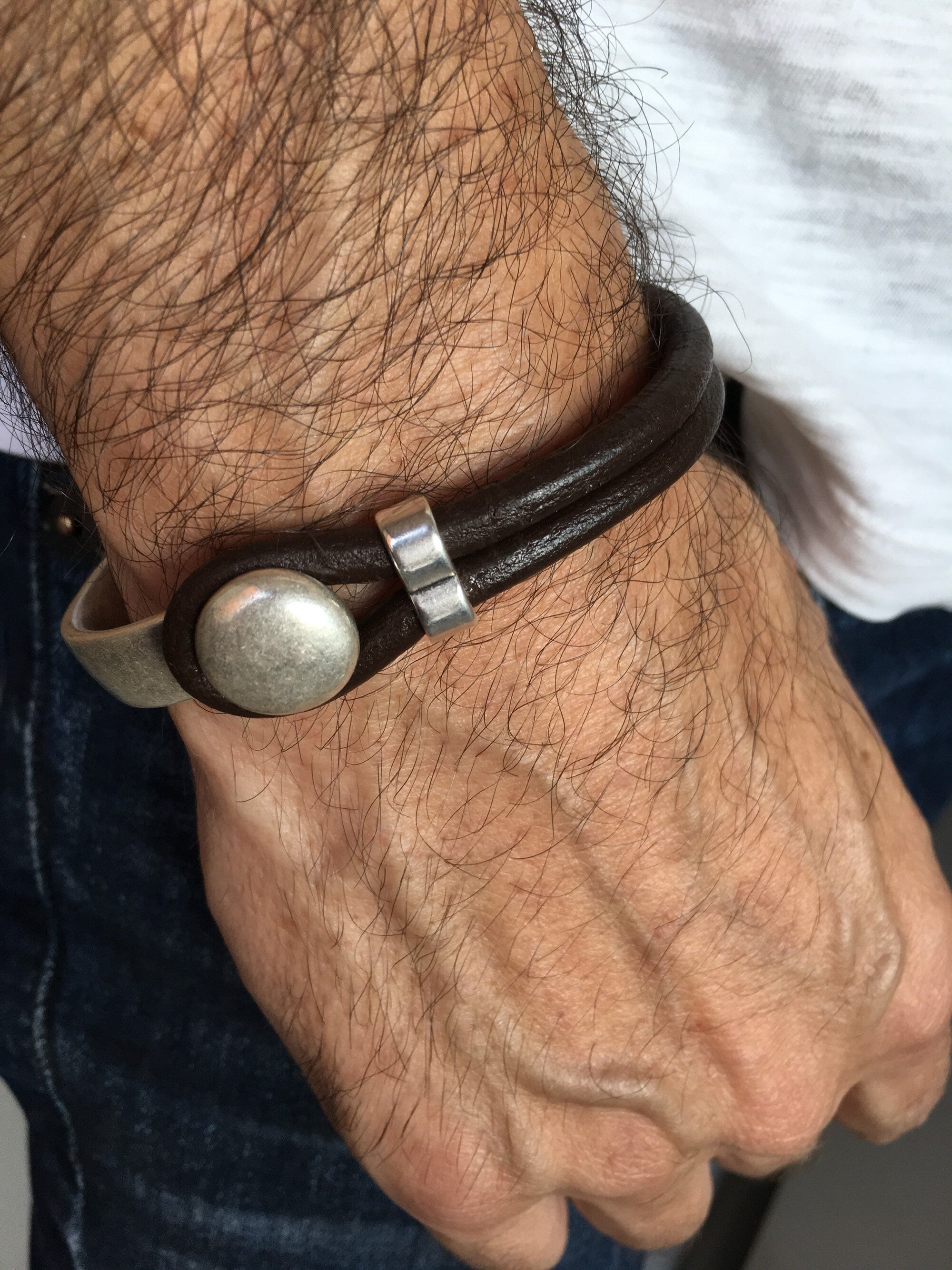 leather bracelet for men, silver half cuff bracelet, silver beads bracelet, surf bracelet, rock bracelet,