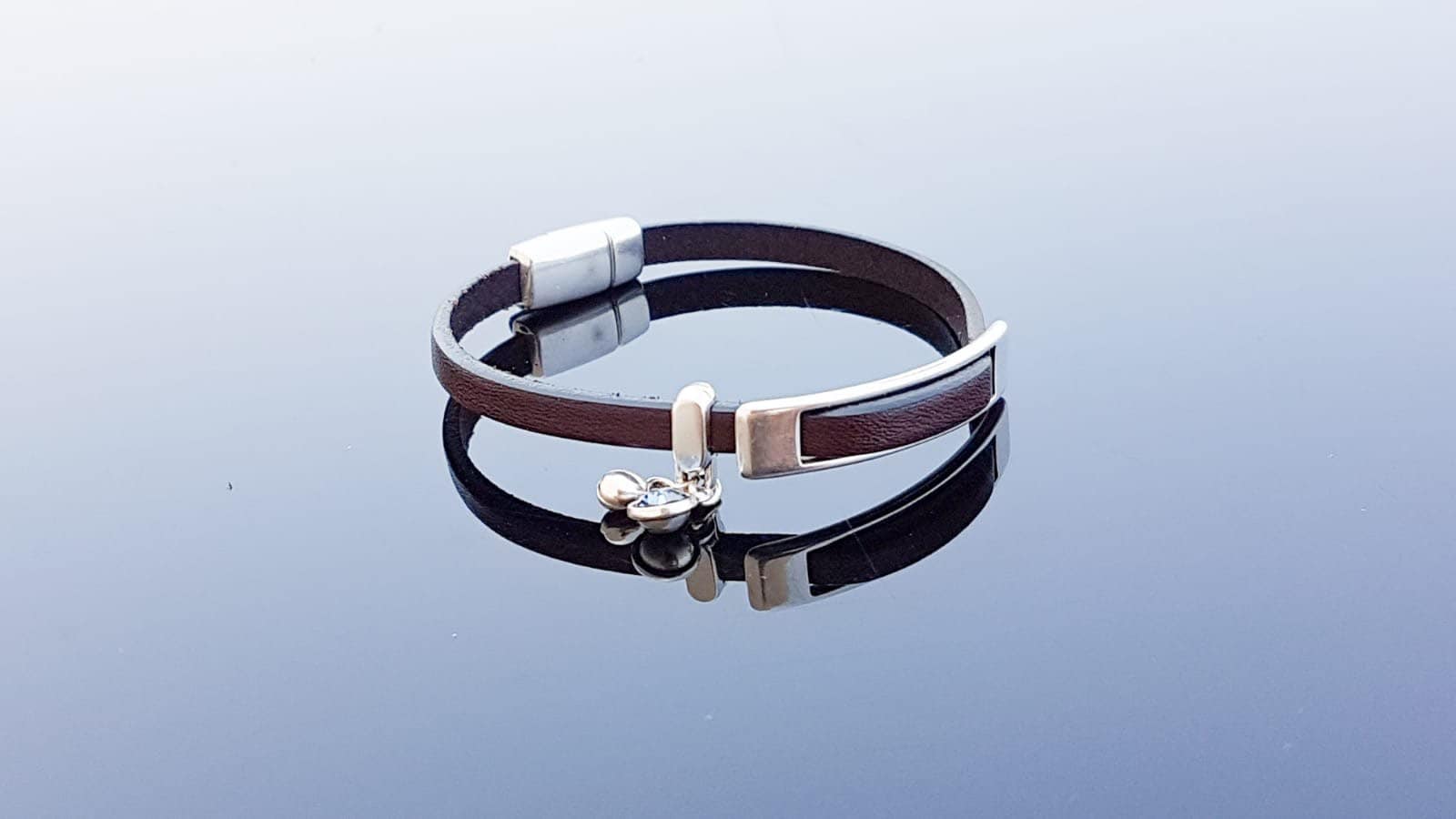 Boho leather bracelet, silver bracelet, leather jewelry, flat leather bracelet, fine bracelet, charm bracelet, boho jewelry, leather bangle