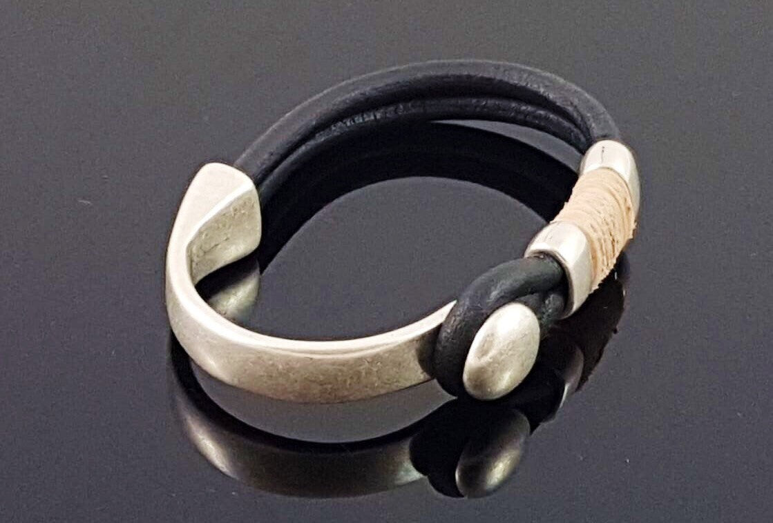 leather bracelet for men, silver half cuff bracelet, silver beads bracelet, surf bracelet, rock bracelet,