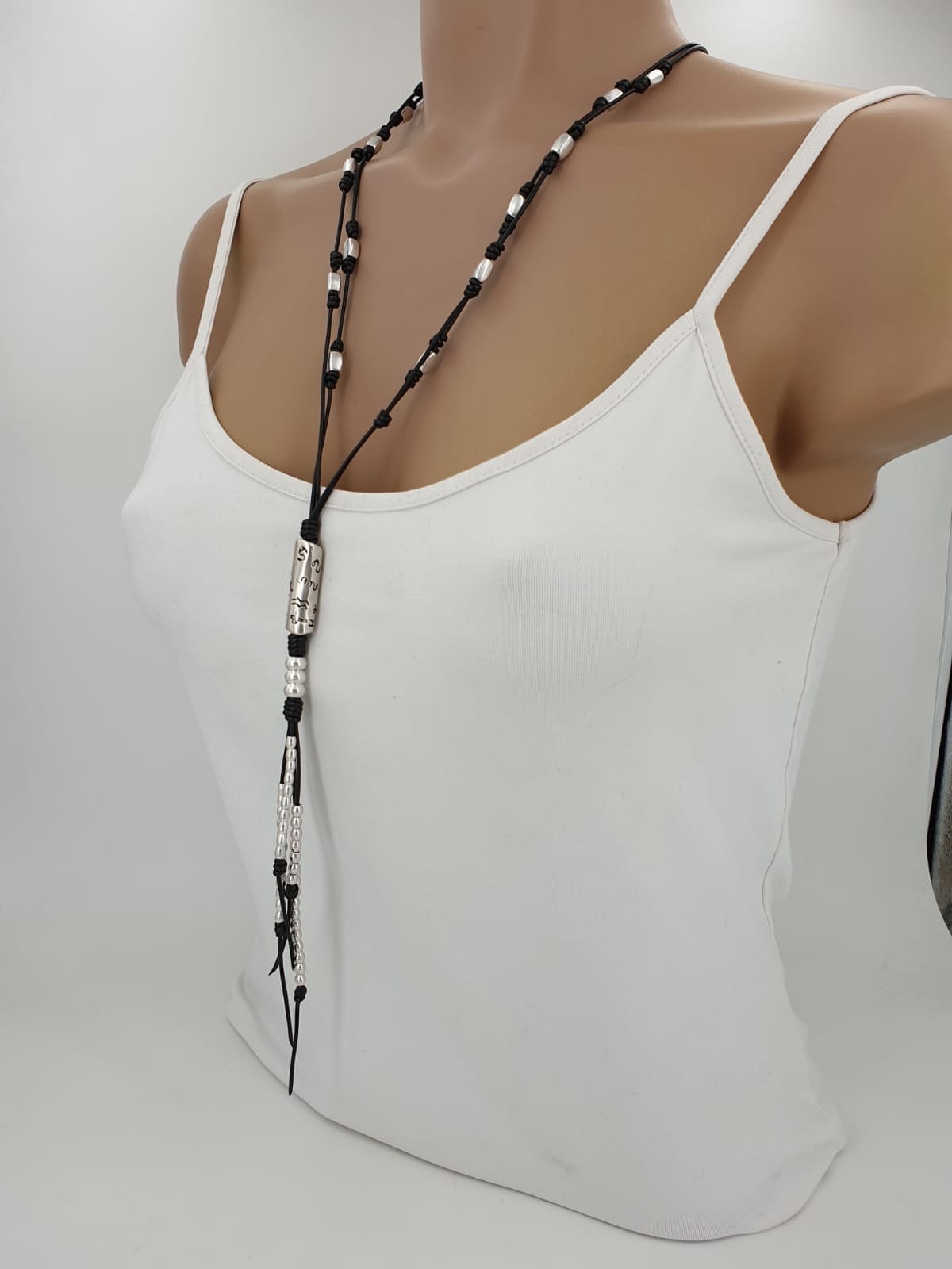 Layering lariat long leather Y necklace, silver beaded necklace, bohemian jewelry, leather necklace,  2000’ Y necklace, chunky necklace