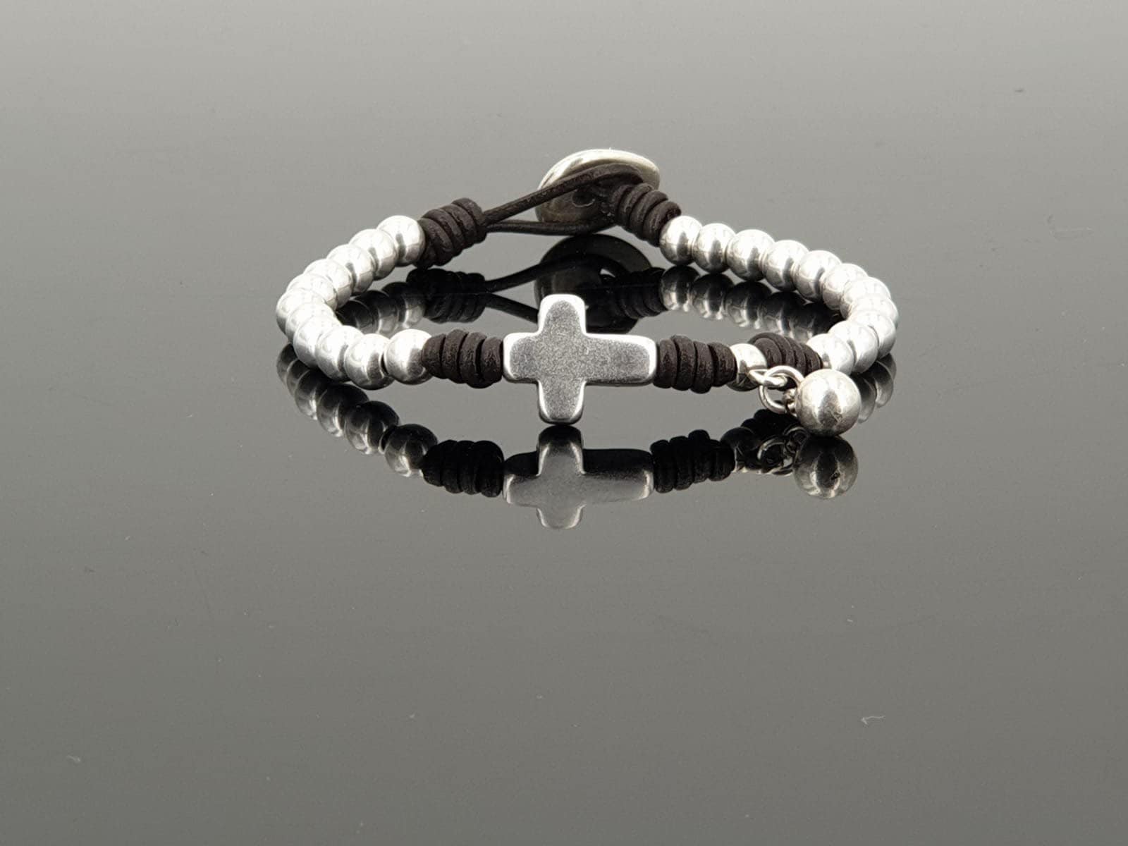 Leather silver beads bracelet, cross bead bracelet, bohemian bracelet, leather women bracelet, silver beaded leather bracelet, cross charm