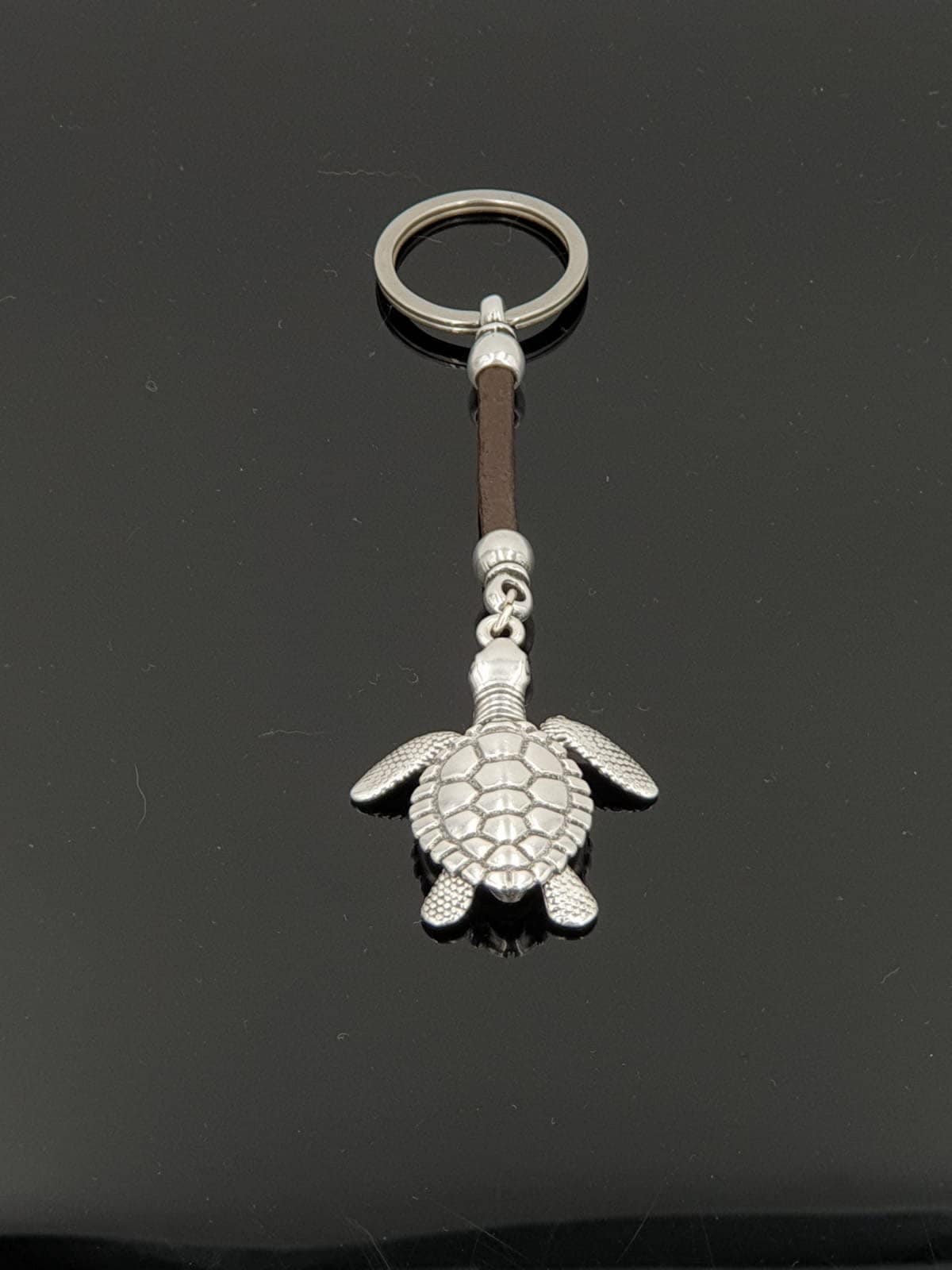 Leather Keychain, turtle keychain, silver keychain, unisex keychain, beach keychain, tortoise