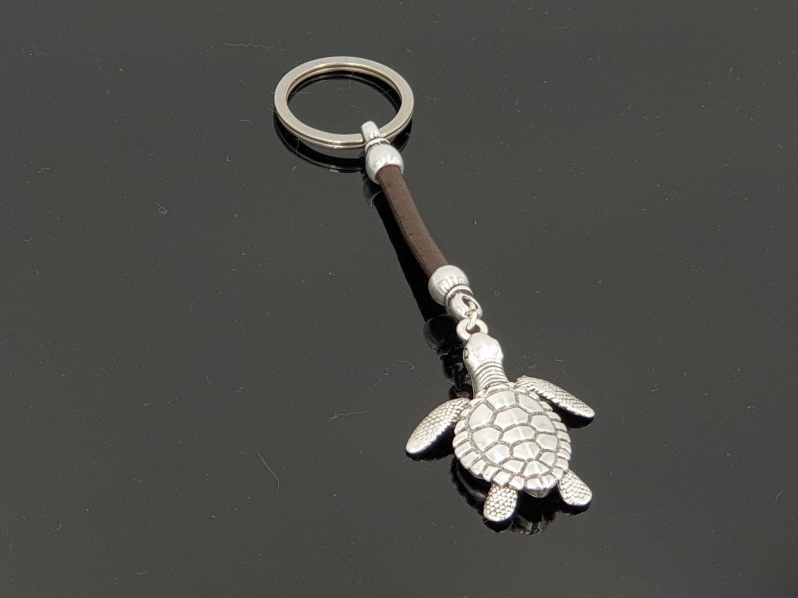 Leather Keychain, turtle keychain, silver keychain, unisex keychain, beach keychain, tortoise