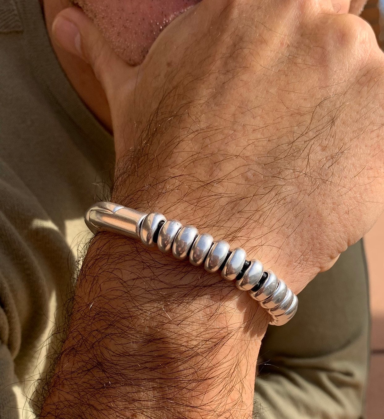 leather bracelet for men, silver half cuff bracelet, silver beads bracelet, surf bracelet, rock bracelet,