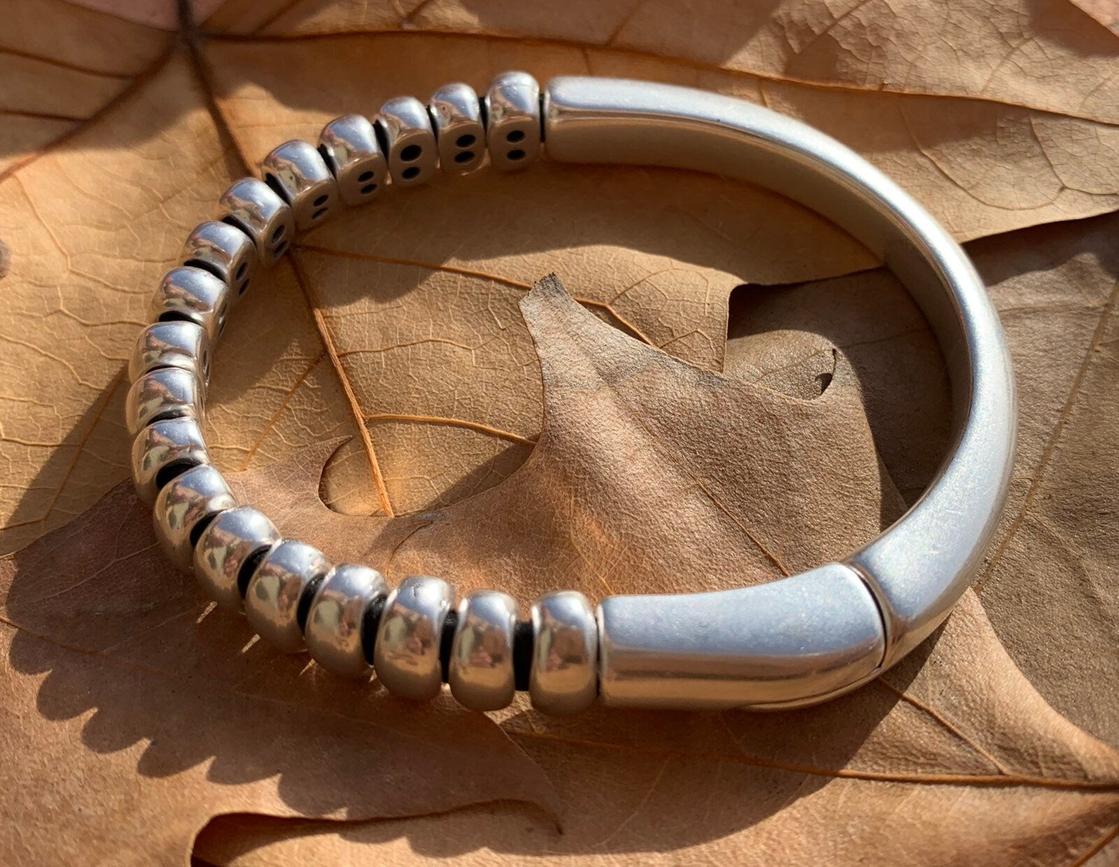 leather bracelet for men, silver half cuff bracelet, silver beads bracelet, surf bracelet, rock bracelet,