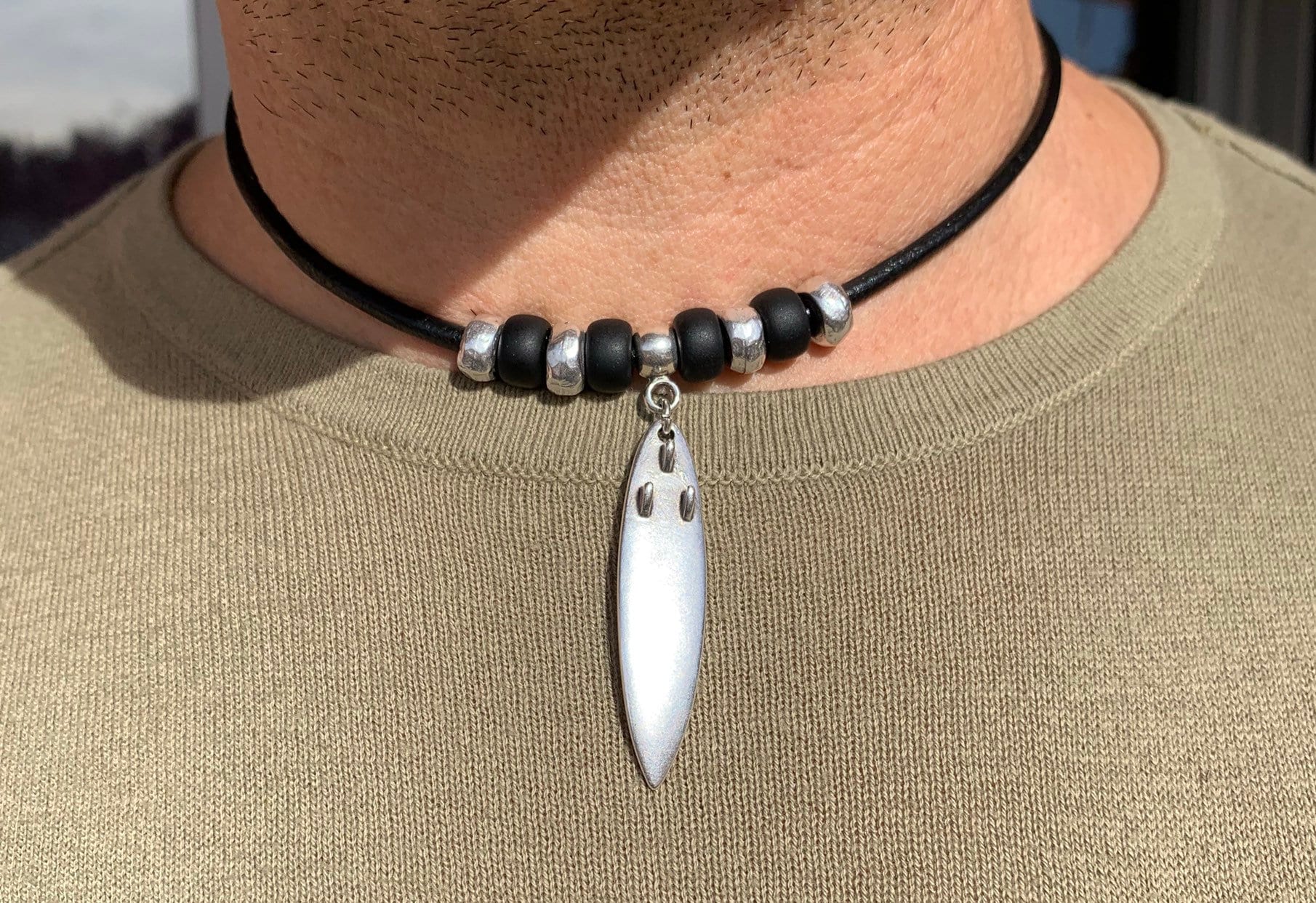 manly and masculine leather necklace for men, surf necklace, beach necklace, surfer necklace, surfboard necklace, men gift