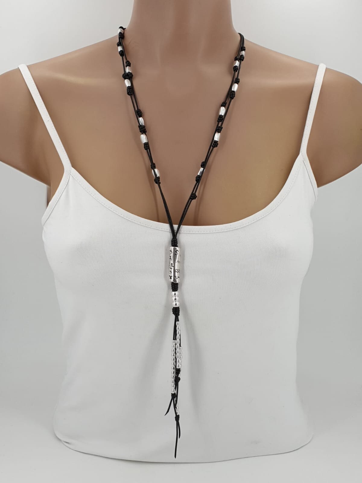 Layering lariat long leather Y necklace, silver beaded necklace, bohemian jewelry, leather necklace,  2000’ Y necklace, chunky necklace