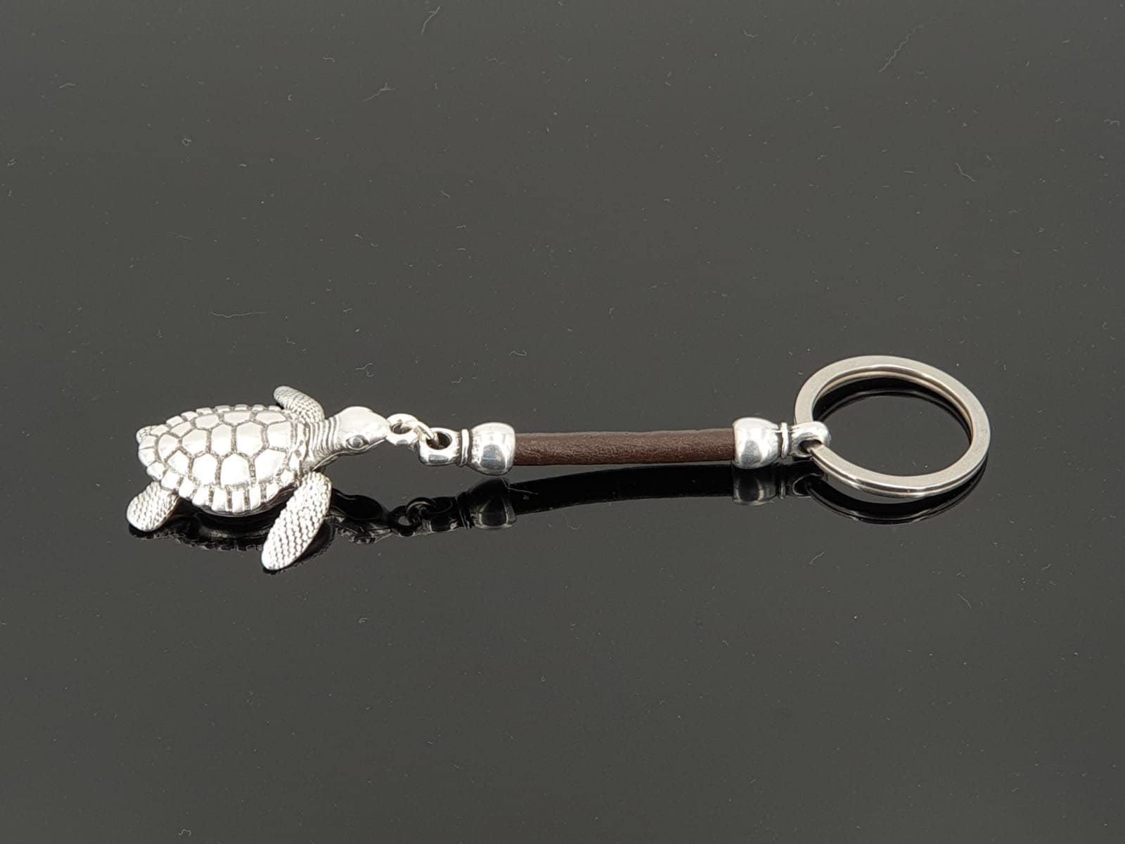 Leather Keychain, turtle keychain, silver keychain, unisex keychain, beach keychain, tortoise