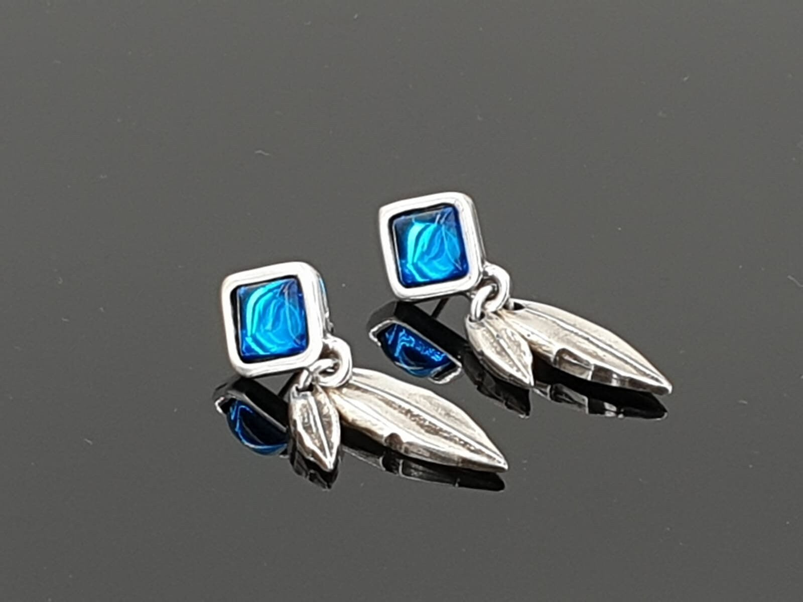 blue dangle earrings, long earrings, statement earrings, chunky silver earrings, stud earrings, leaf earrings,  style, gift