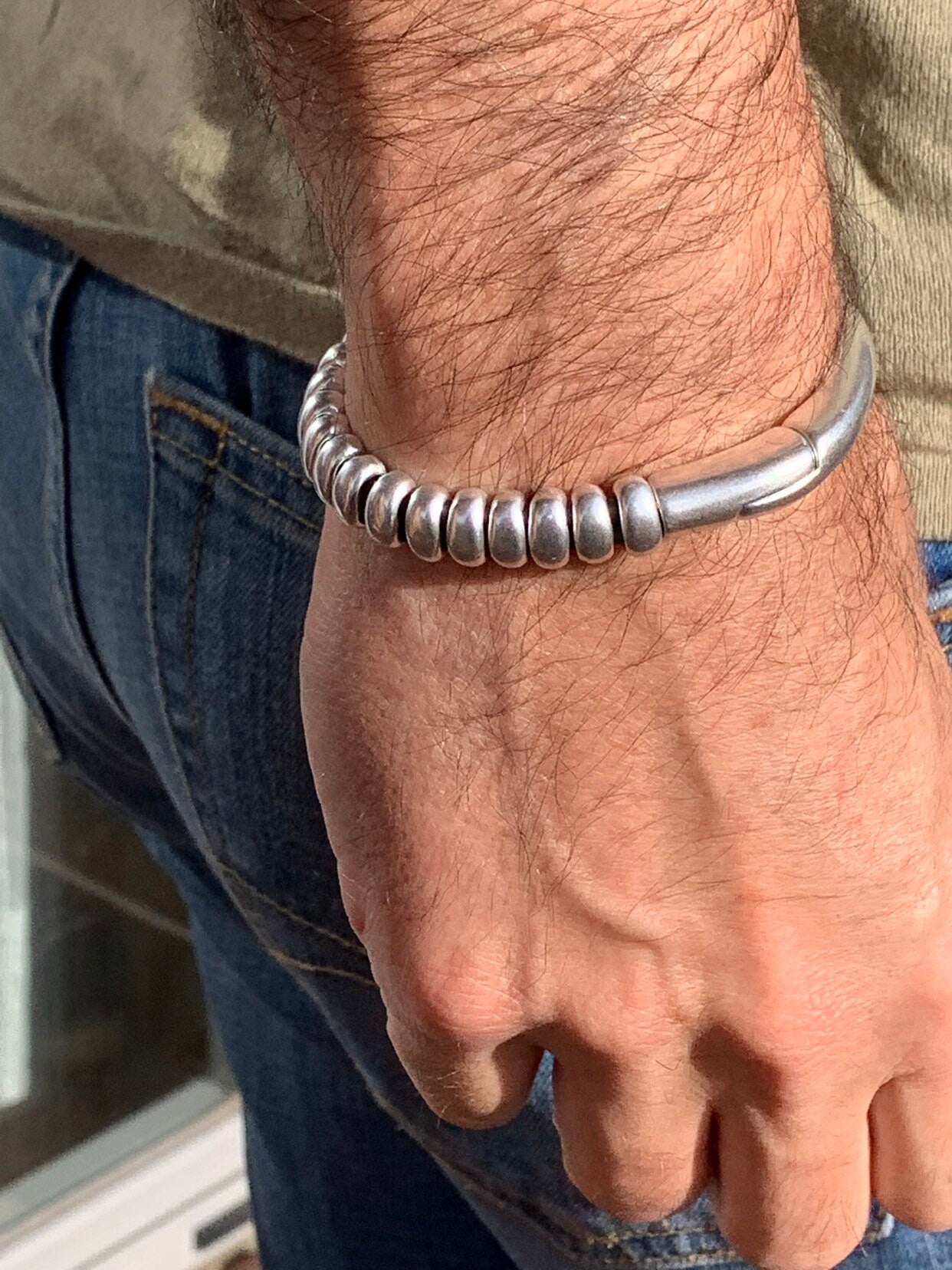 leather bracelet for men, silver half cuff bracelet, silver beads bracelet, surf bracelet, rock bracelet,