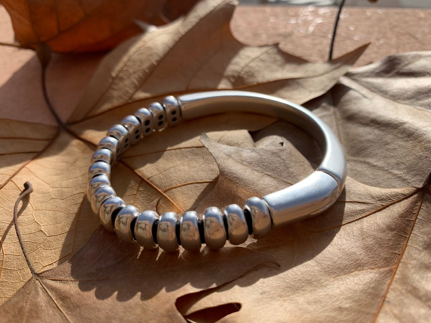 leather bracelet for men, silver half cuff bracelet, silver beads bracelet, surf bracelet, rock bracelet,