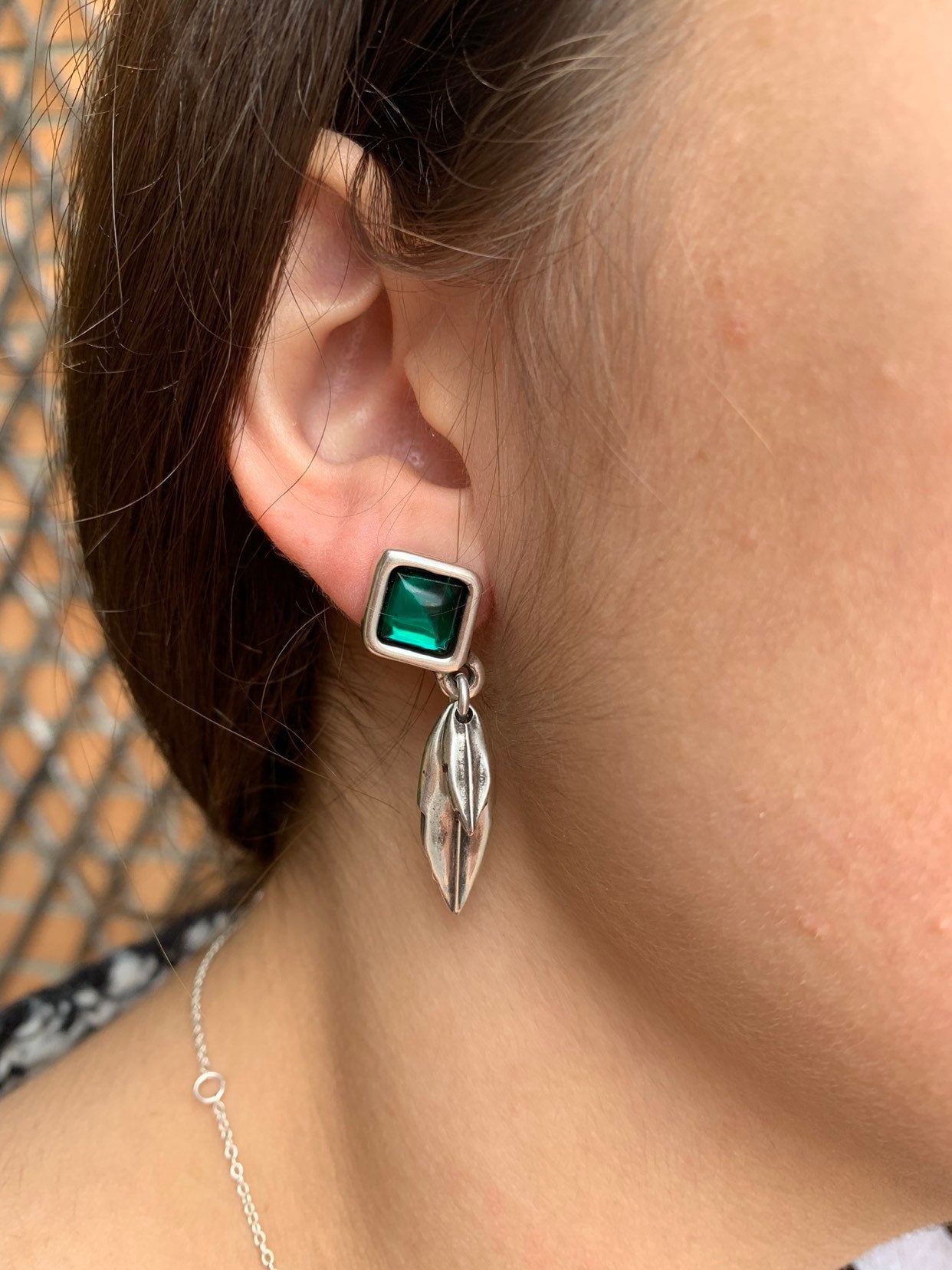 Boho earrings, green crystal earrings, silver earrings, hippy Earrings, leaf earrings, drop earrings, , dangle earrings, gift