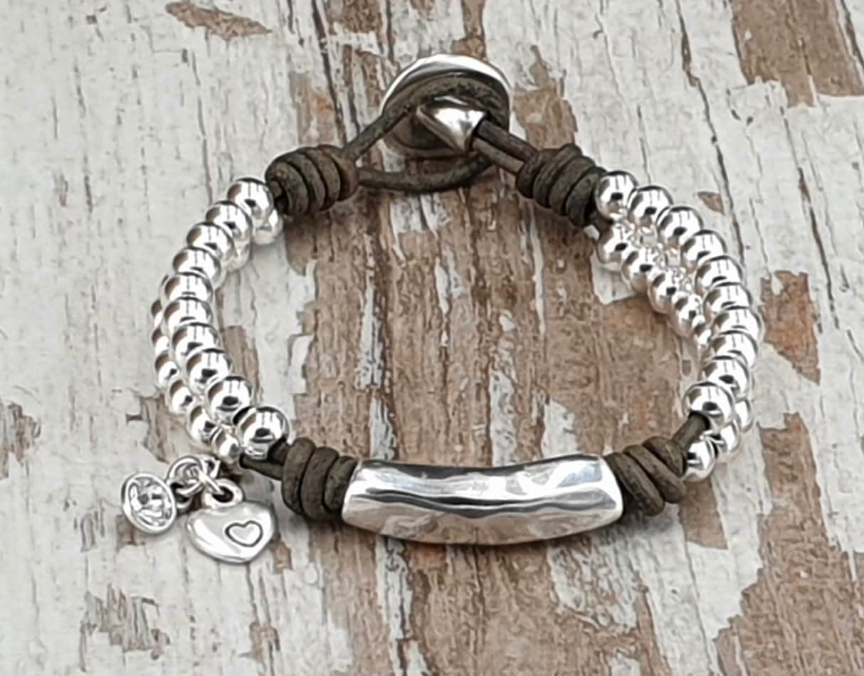 Woman boho leather silver Bracelet, wrap bracelet, boho , silver bracelet, leather bracelet, rock bracelet,,