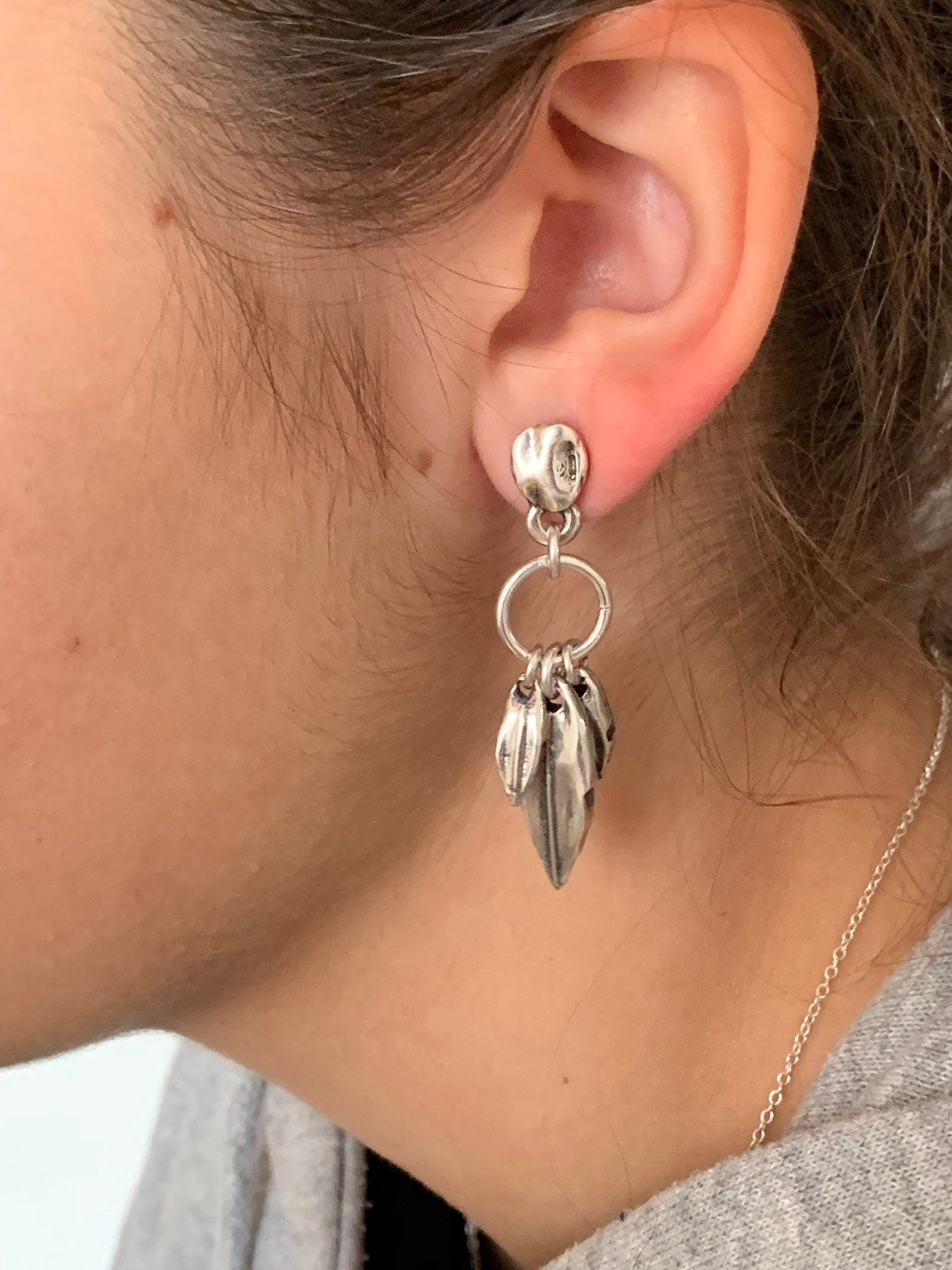 Drop leafs silver dangle earrings, long drop earrings, chunky silver earrings, boho dropped silver earrings,  style, gift for women