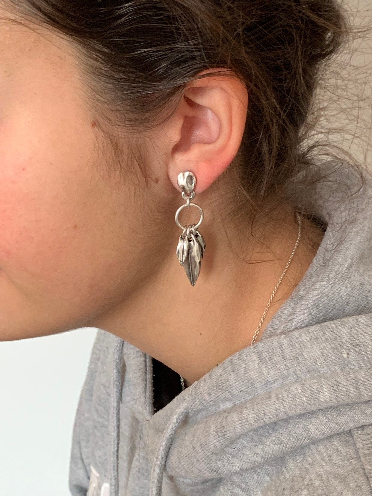 Drop leafs silver dangle earrings, long drop earrings, chunky silver earrings, boho dropped silver earrings,  style, gift for women