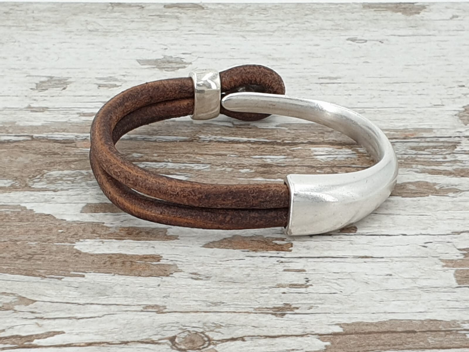 Masculine silver and leather half cuff bracelet, leather men bracelet, rock style men bracelet, leather bracelet for him, men gift, manly