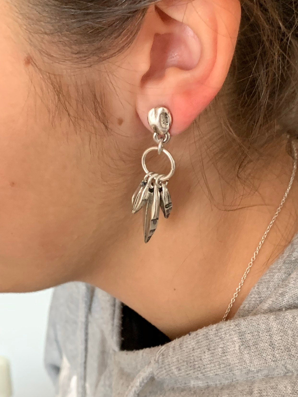 Drop leafs silver dangle earrings, long drop earrings, chunky silver earrings, boho dropped silver earrings,  style, gift for women