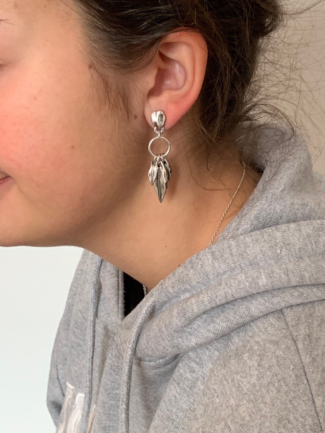 Drop leafs silver dangle earrings, long drop earrings, chunky silver earrings, boho dropped silver earrings,  style, gift for women