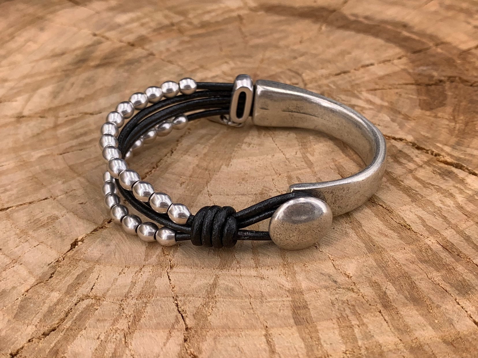 leather bracelet, half cuff bracelet, silver bracelet, bohemian bracelet, rock bracelet, wrap bracelet, beaded bracelet, tribal bracelet,