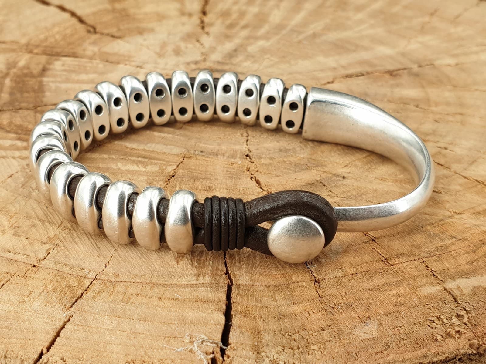 leather bracelet for men, silver half cuff bracelet, silver beads bracelet, surf bracelet, rock bracelet,