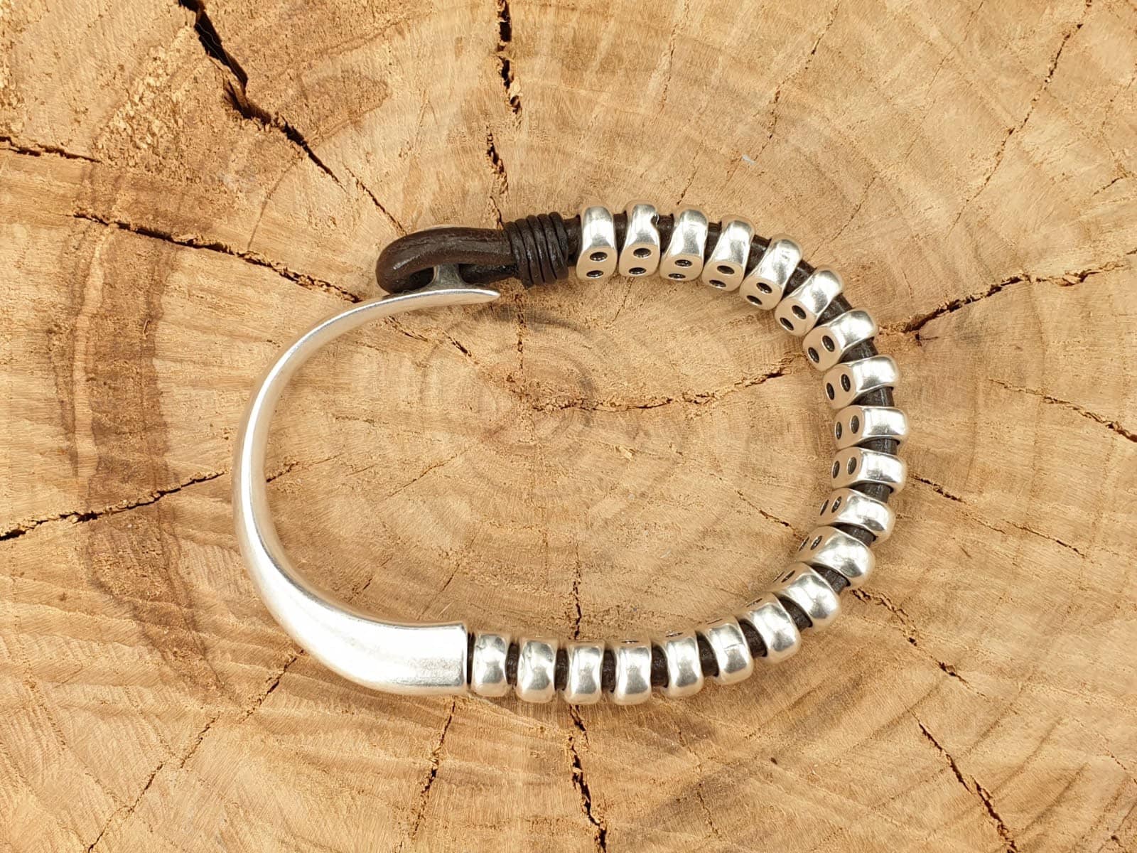 leather bracelet for men, silver half cuff bracelet, silver beads bracelet, surf bracelet, rock bracelet,