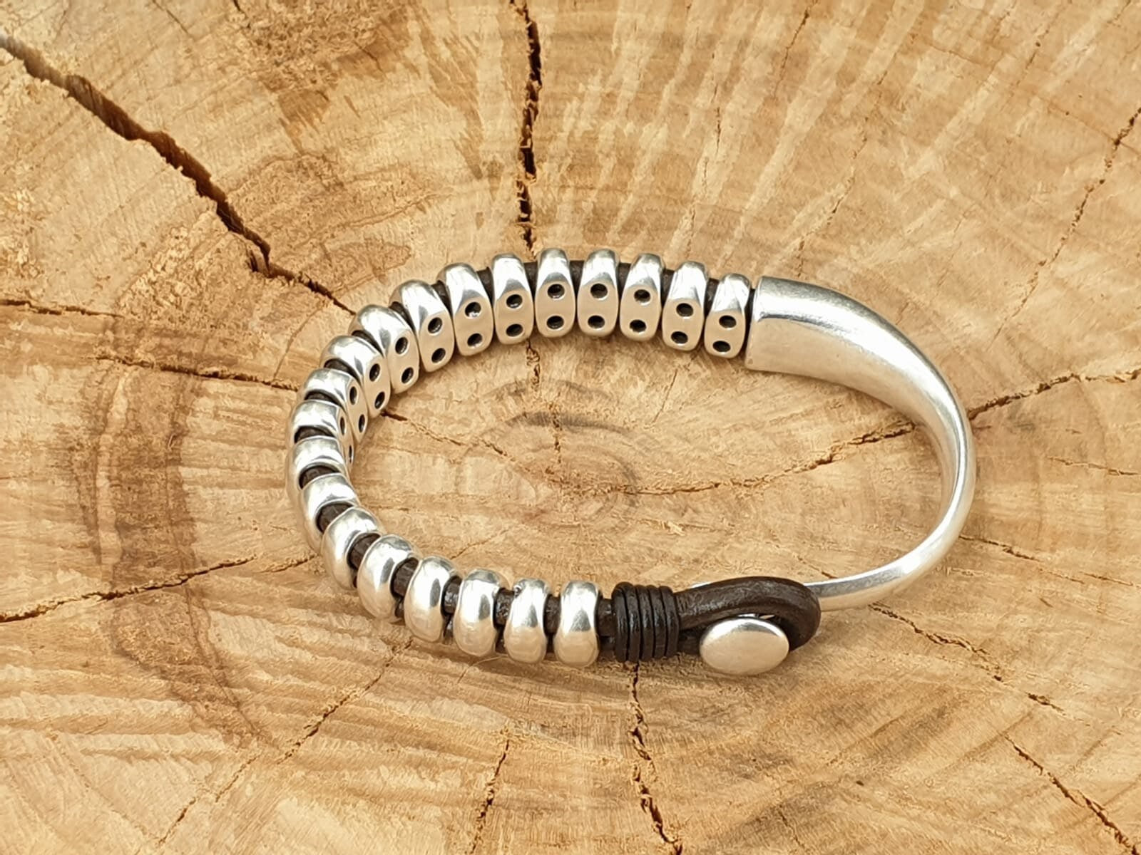 leather bracelet for men, silver half cuff bracelet, silver beads bracelet, surf bracelet, rock bracelet,