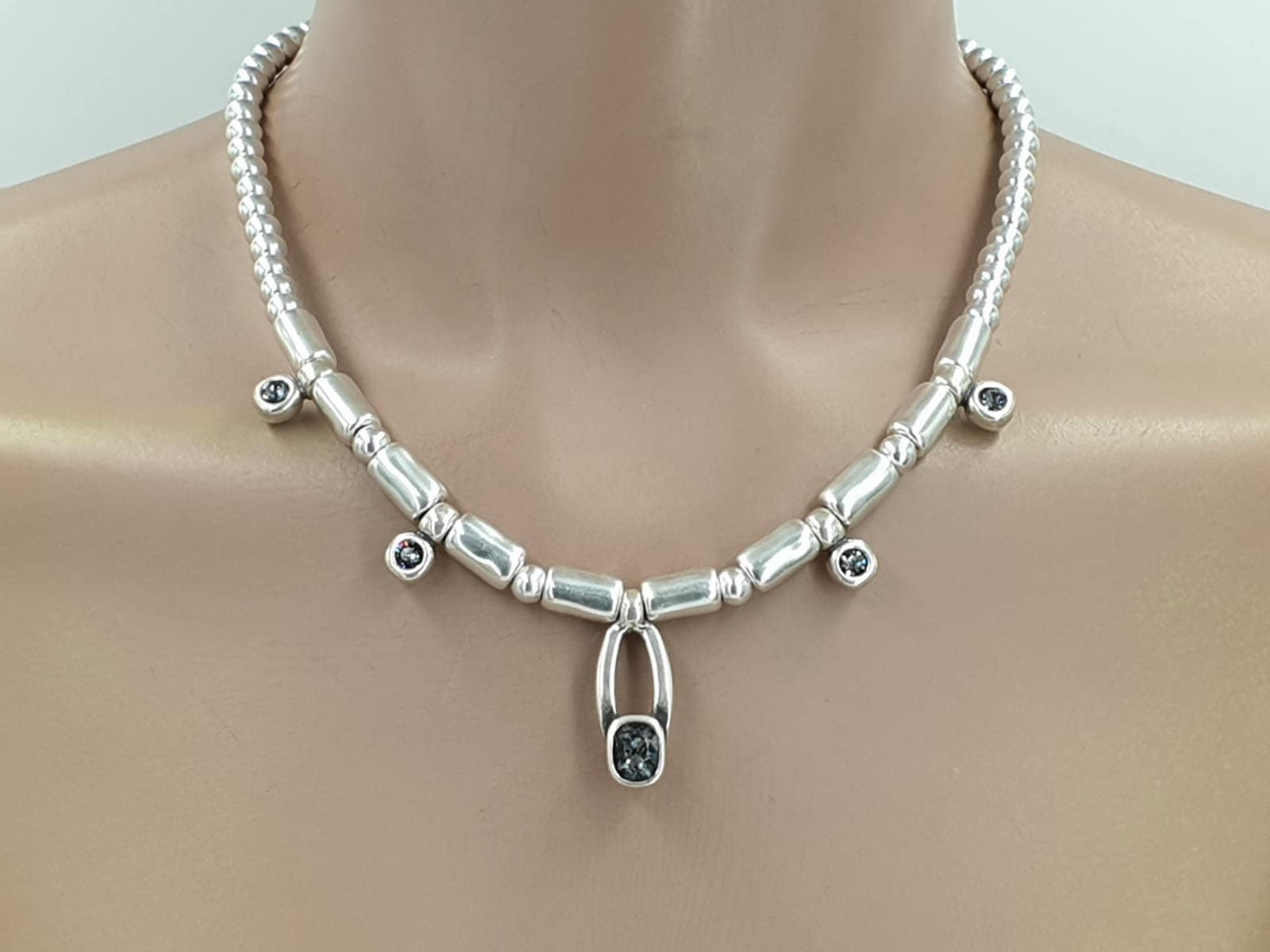 Chunky silver choker necklace, swarovski crystal charms choker, bold silver necklace, statement celebration necklace,  style, gift