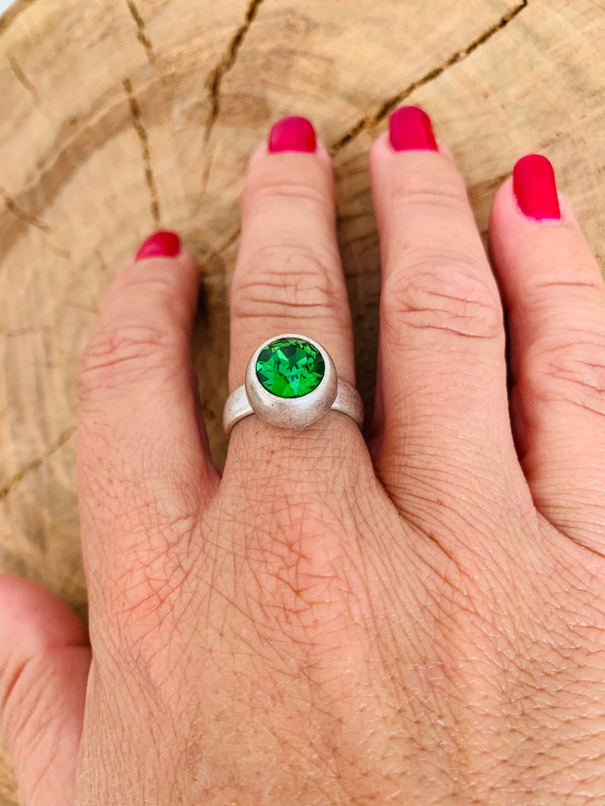 chunky silver ring, swarovski green crystal ring, bright and statement ring, gemstone ring, vintage green gemstone ring,