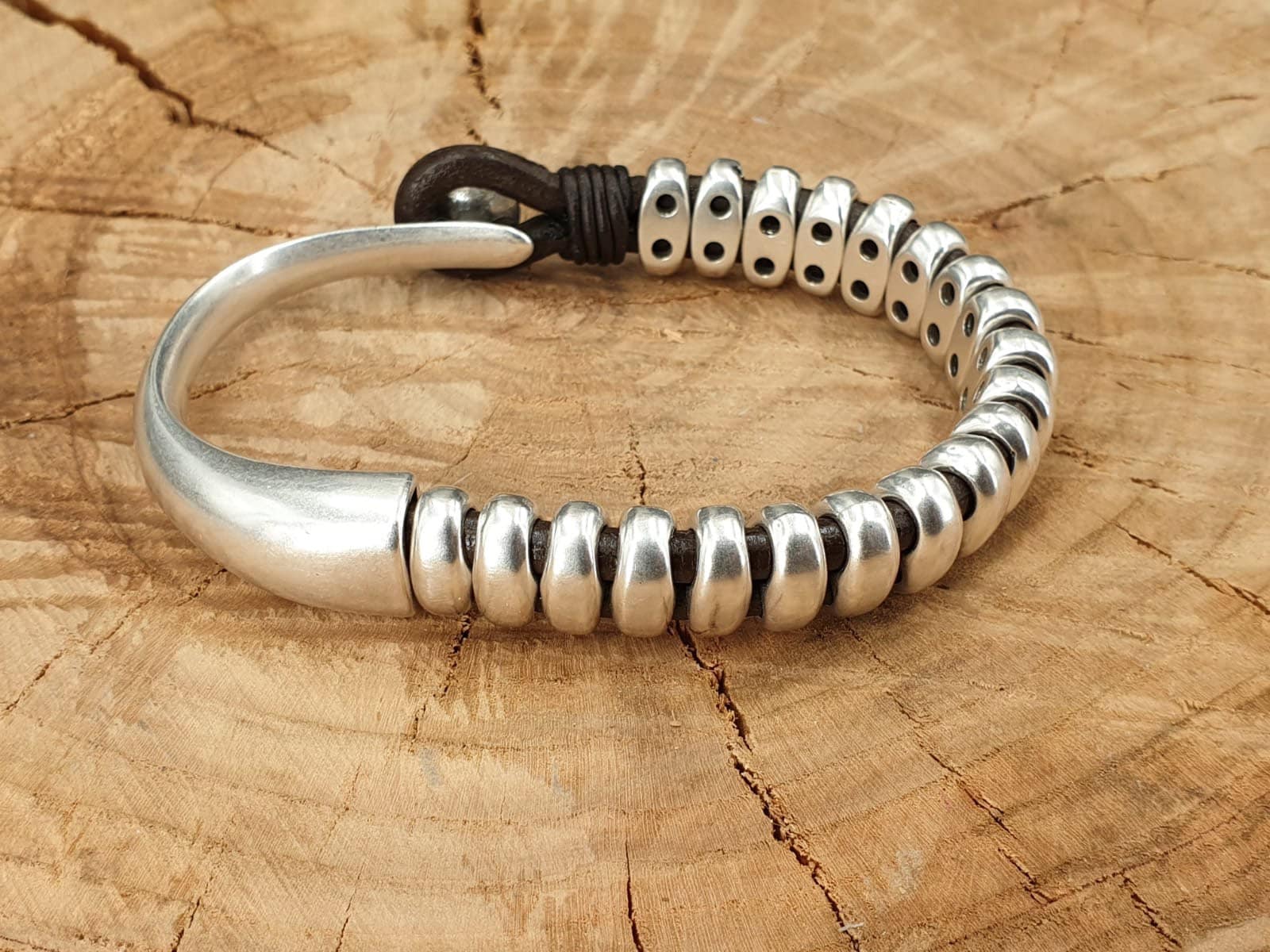 leather bracelet for men, silver half cuff bracelet, silver beads bracelet, surf bracelet, rock bracelet,