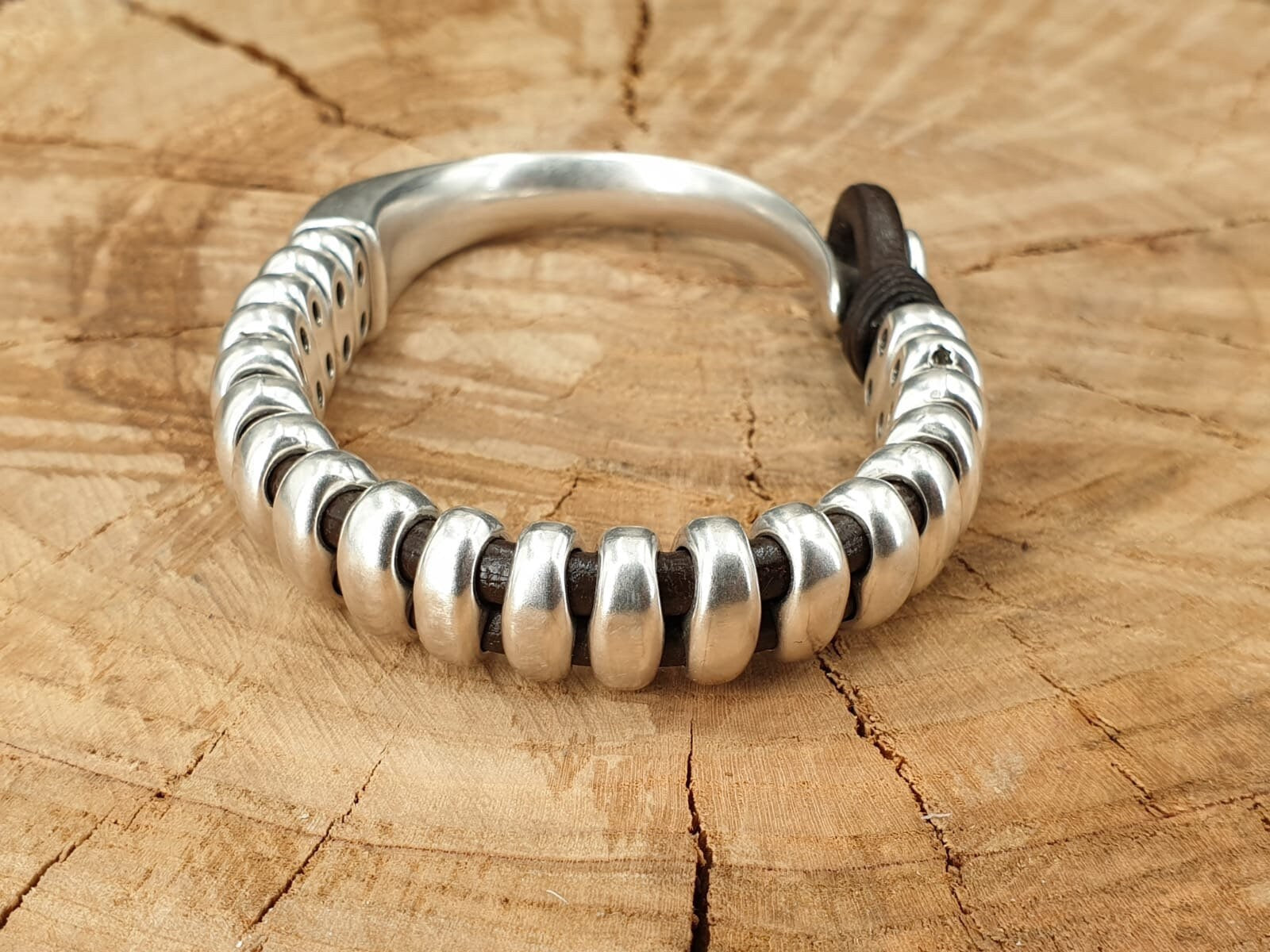 leather bracelet for men, silver half cuff bracelet, silver beads bracelet, surf bracelet, rock bracelet,