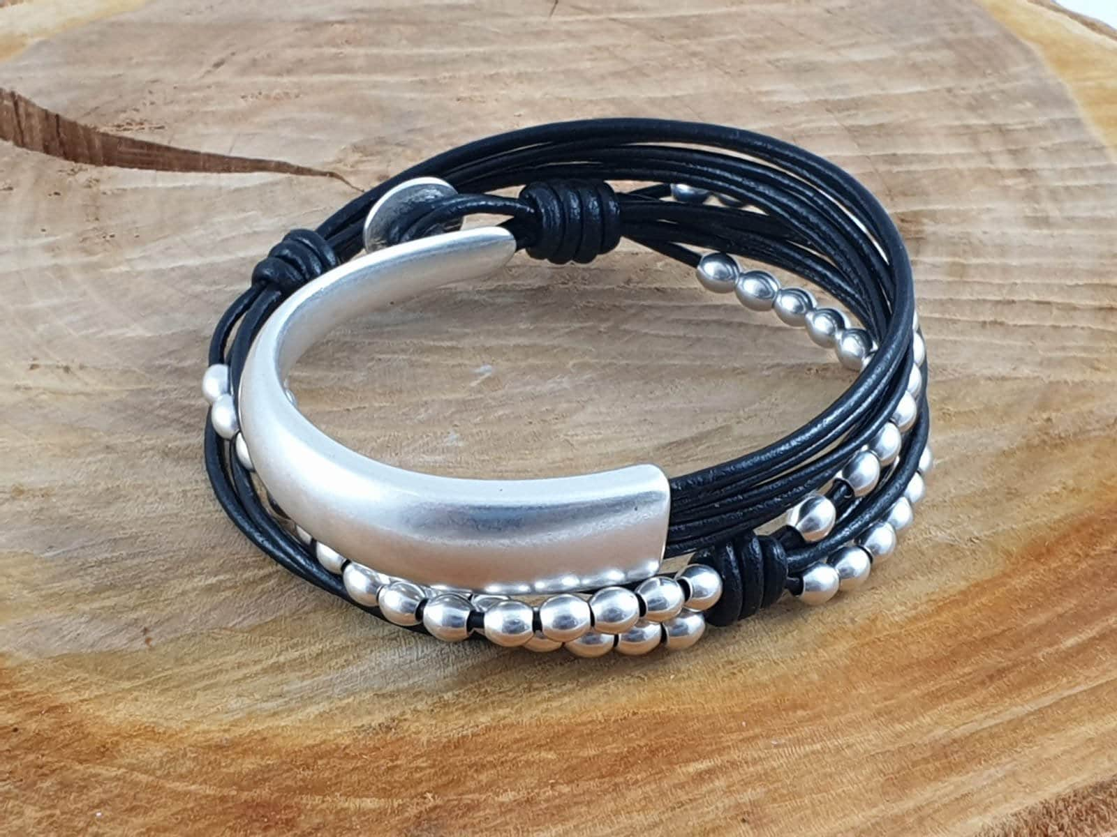 chunky leather bracelet, wrap bracelet, boho bracelet, silver bracelet, beaded bracelet, rock bracelet, half cuff bracelet, leather jewelry