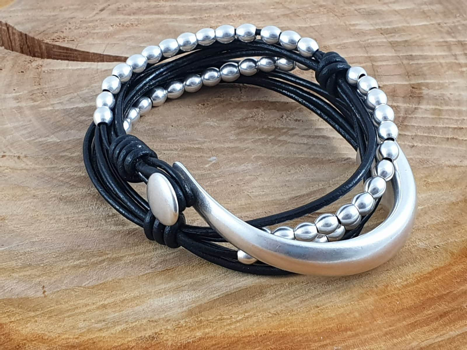 chunky leather bracelet, wrap bracelet, boho bracelet, silver bracelet, beaded bracelet, rock bracelet, half cuff bracelet, leather jewelry