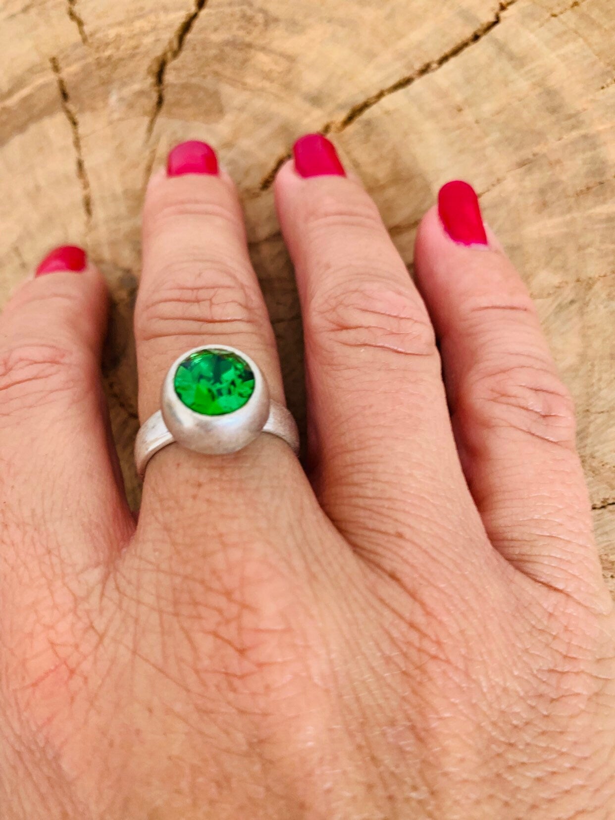 chunky silver ring, swarovski green crystal ring, bright and statement ring, gemstone ring, vintage green gemstone ring,