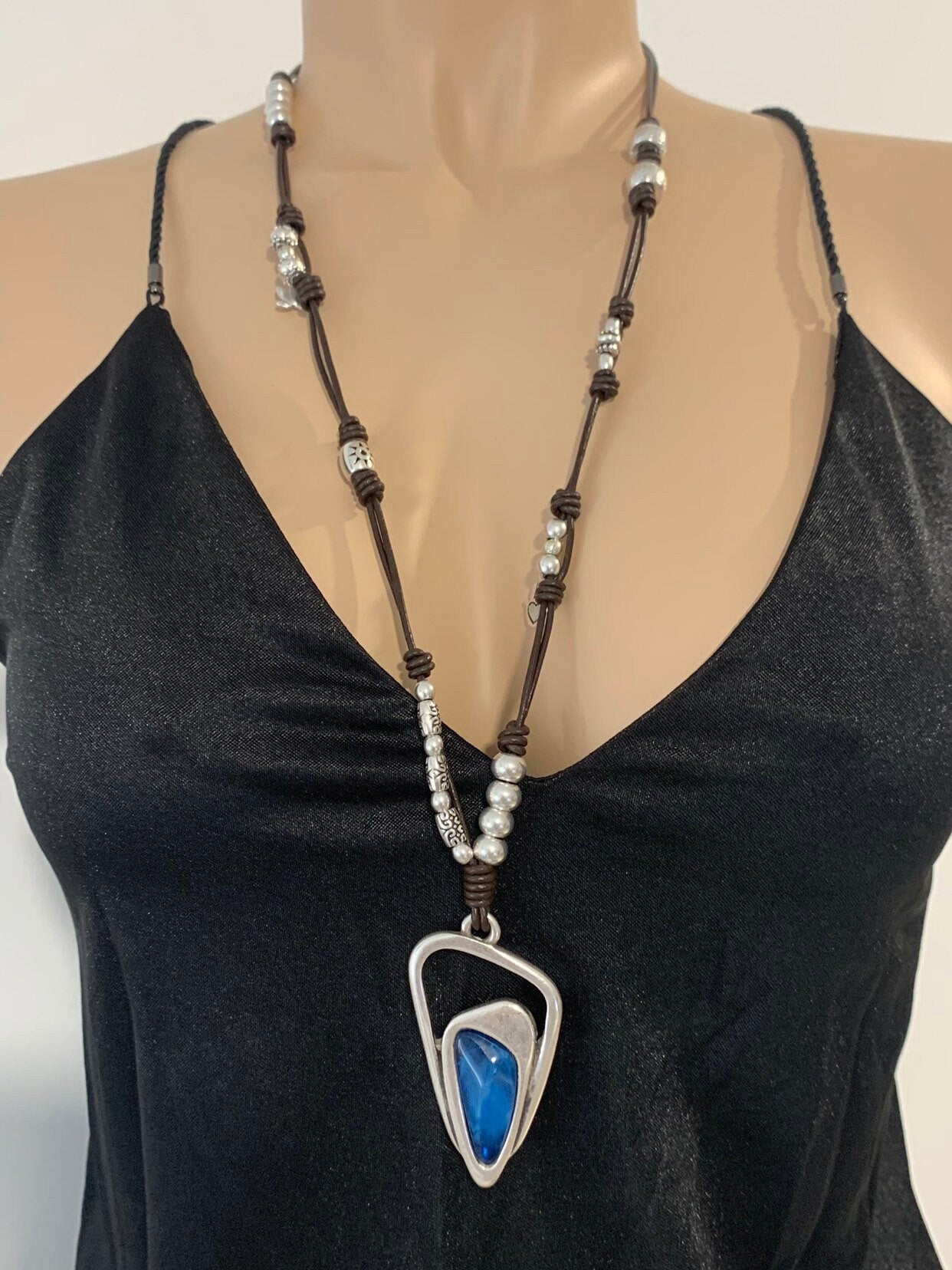 Boho long leather necklace, leather beaded necklace,  tribal necklace, silver statement blue pendant necklace,  style