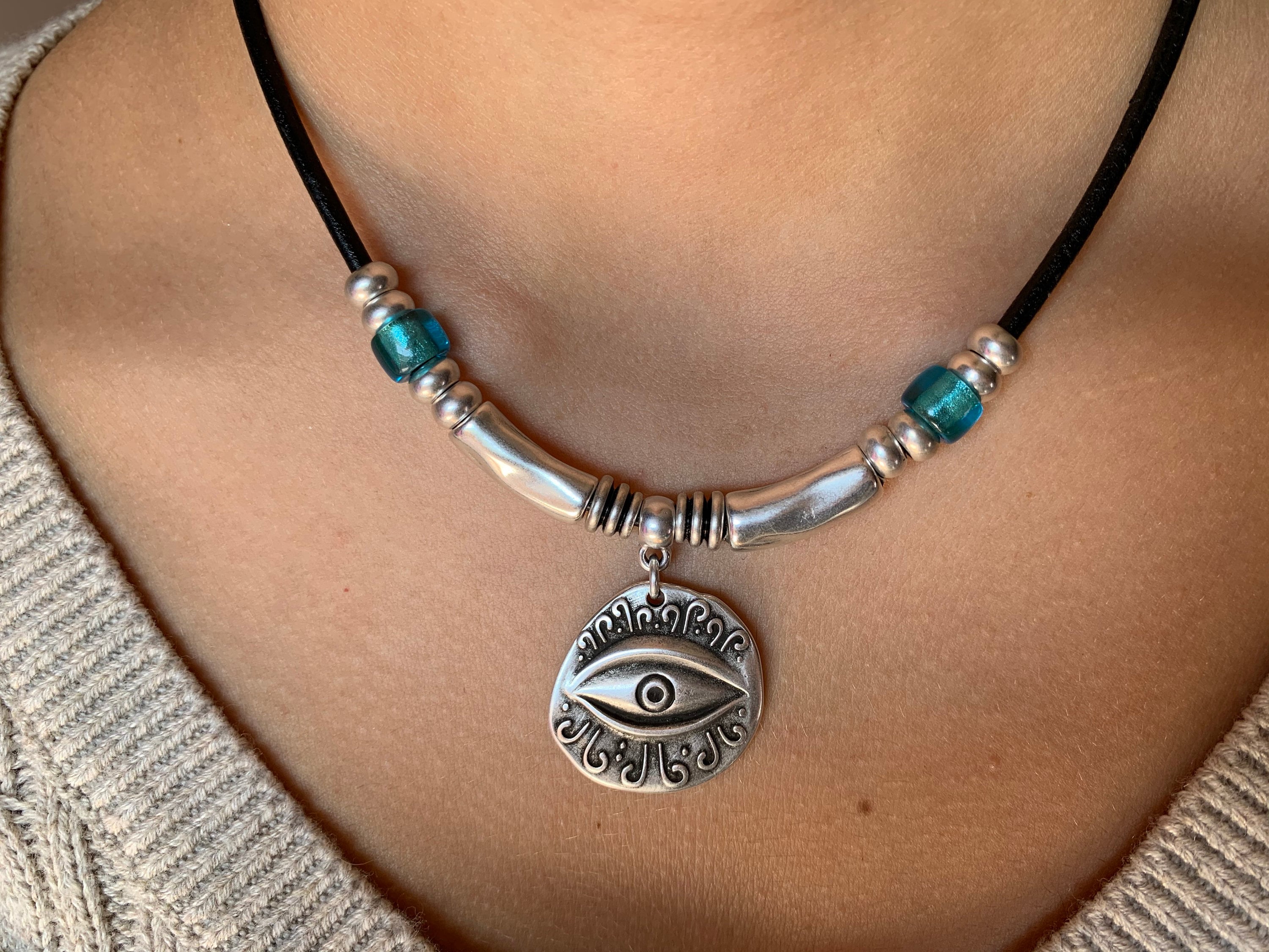 Boho choker necklace, Protector eye, Leather necklace for women, tribal necklace, boho necklace, everyday jewelry, boho jewelry, Lea jewelry