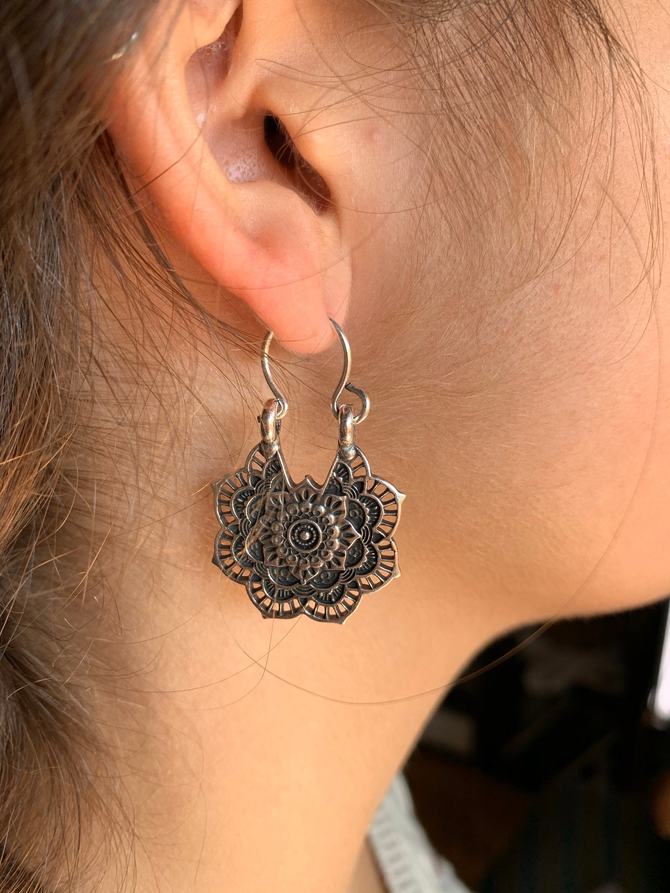 silver carved dangle earrings, mandala earrings, chunky earrings, ethnic tribal boho earrings, hippie earrings, drop earring, long earrings