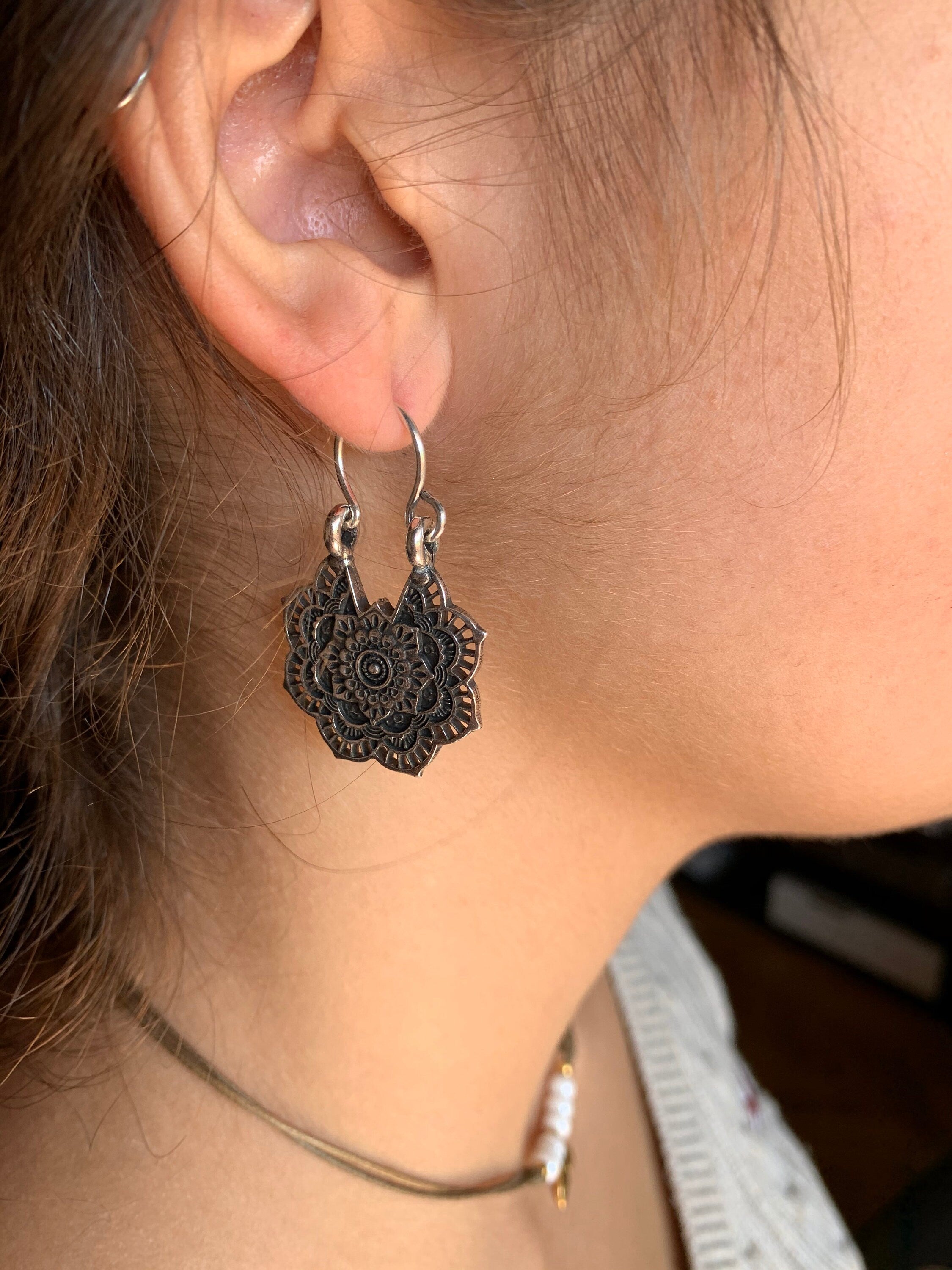 silver carved dangle earrings, mandala earrings, chunky earrings, ethnic tribal boho earrings, hippie earrings, drop earring, long earrings